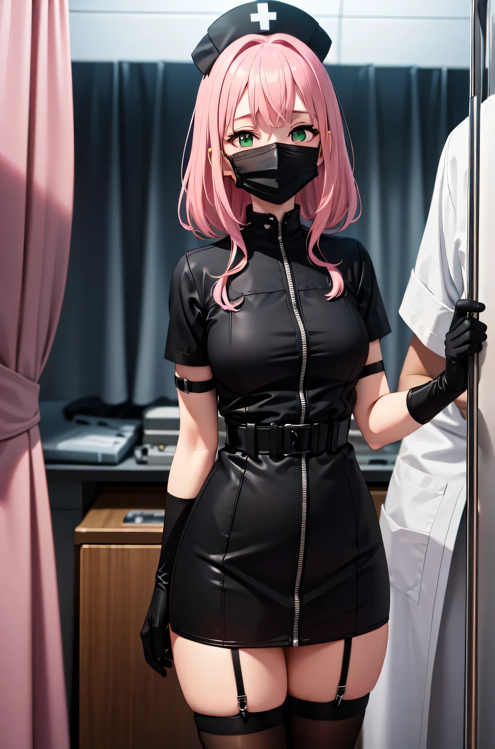 black nurse, 1girl, solo, black nurse cap, black nurse uniform, ((black legwear, zettai ryouiki)), black elbow gloves, pink hair, green eyes, drooping eyes, ((black surgical mask, covered nose)), standing, ((surgery room)), sharp outline, short sleeves, best quality, masterpiece