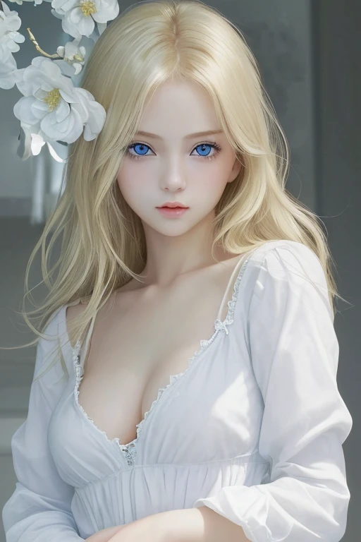 masterpiece、highest quality、Super fine、cute、Sexy、One Girl、Very delicate and beautiful girl、Blonde Hair、blue eyes、chest、White clothes、sight
