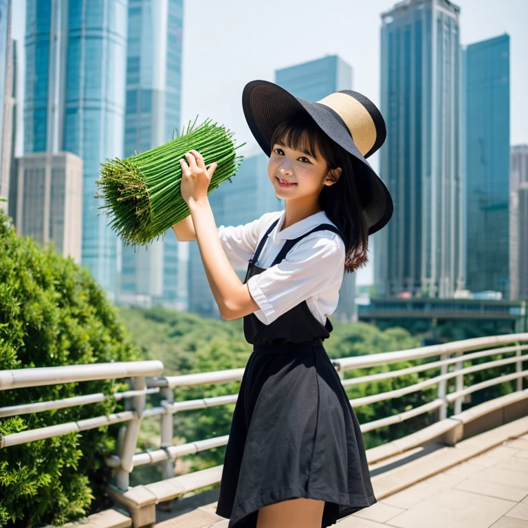 ((a very beautiful and very cute girl)),Kiki's Delivery Service,the girl is ,baby face,The girl is wearing a very large witch's black tricorn hat,the girl is wearing a frilly white dress and a black overall skirt,the girl is raiding a Flying Bamboo Broom,The girl is riding the broom and flying high above the skyscrapers of a futuristic city,The girl is straddling a bamboo broom and holding it with both hands,