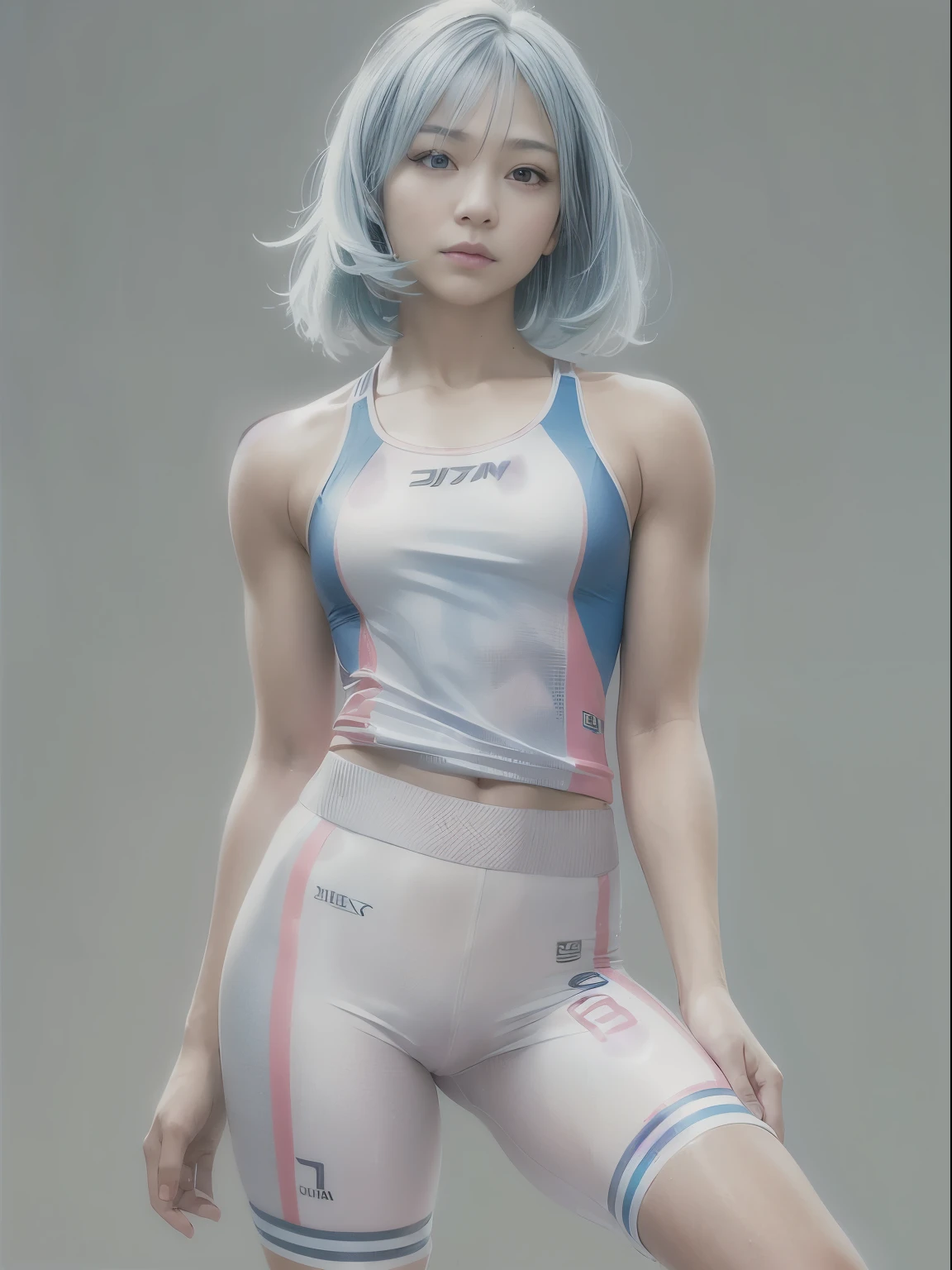 Japanese women、 Beautiful Face、(Realistic:1.37), Intricate details、(Ultra-Realistic Rendering:1.37), Light blue hair, Short Bob、Moonlight Eyes, Soft lighting, Track and field wear、Athletics Stadium、Long Jump、Full body photography