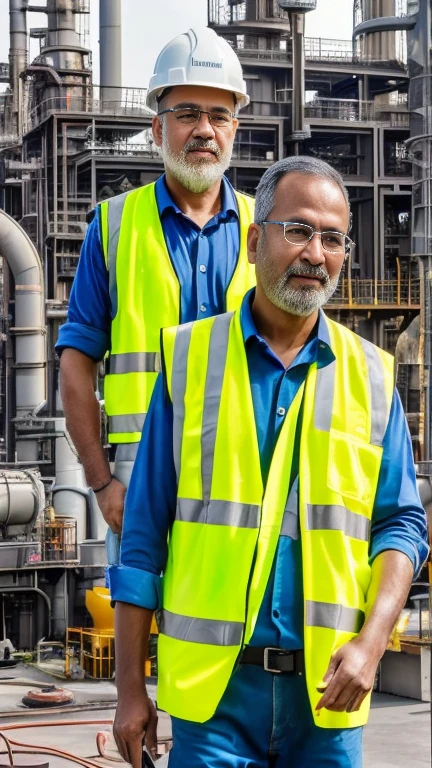 (Best quality, High resolution, Masterpiece :1.3), full body, 1 engineer 40 years old without beard is indonesian talking to 2 technicians with smile optimistic, one indonesian one chocolate asian on a wastewater treatment plant close to a roots blower opened for inspection. Background is a wastewater treatment plant. All in site construction clothes. Wears a yellow vest and white helmet. Very realistic , photo type