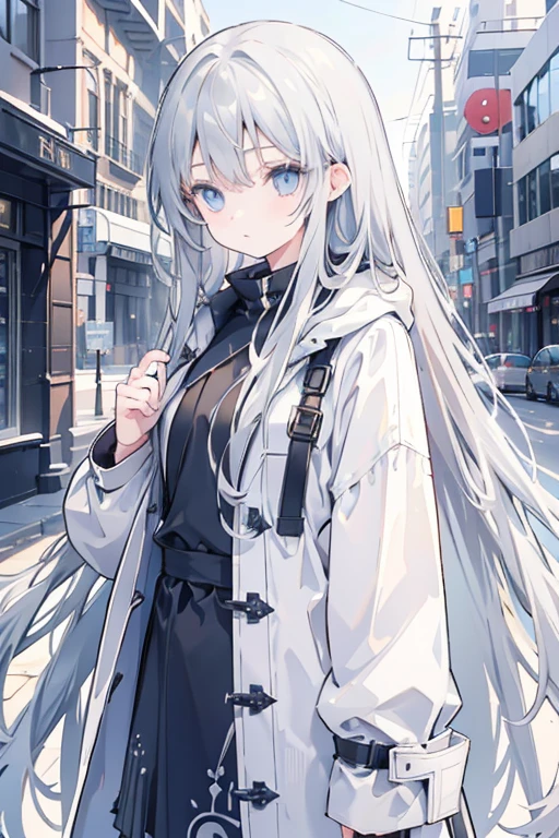 Young Girl　Gray Hair　long hair　blue eyes　Droopy eyes　whole body　Black long coat