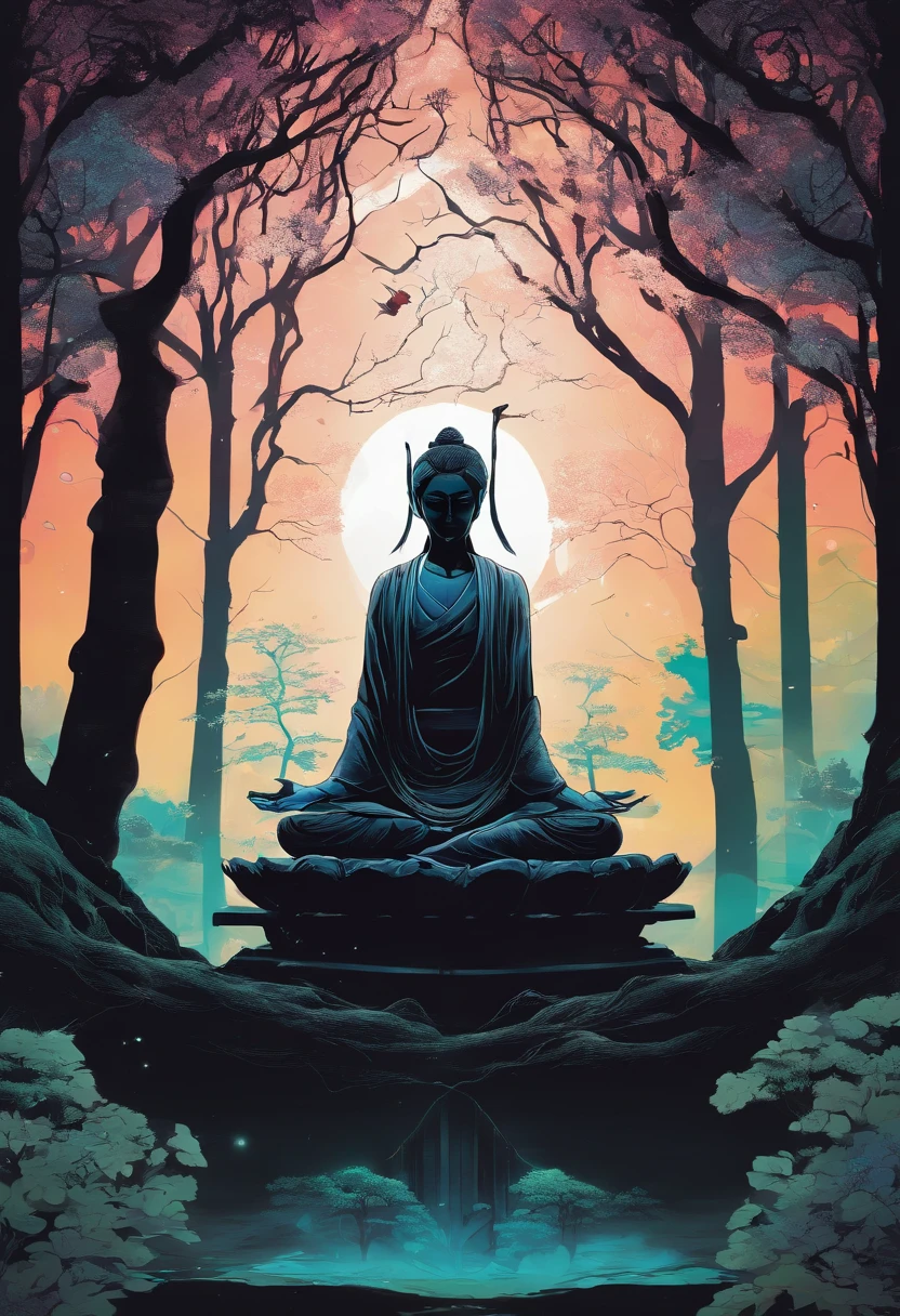 A dark, mysterious figure meditating in a shadowy forest with glowing runes surrounding them.