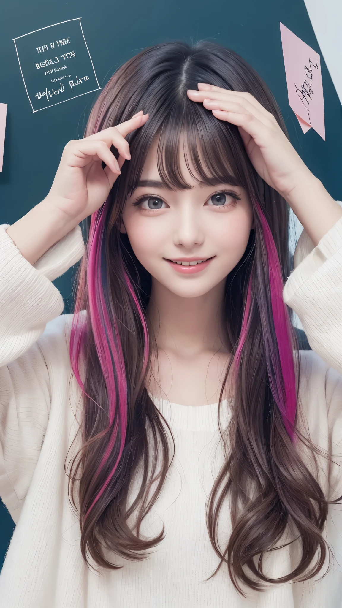 Girl in a dream.I have long colorful hair.Wearing white clothes.It's a rock band.Notes flying around.It is an illustration of the highest quality.It is a beautiful illustration.Very colorful.big eyes,Viewer's perspective,she is on the bedr , smile, claw pose, randam pose