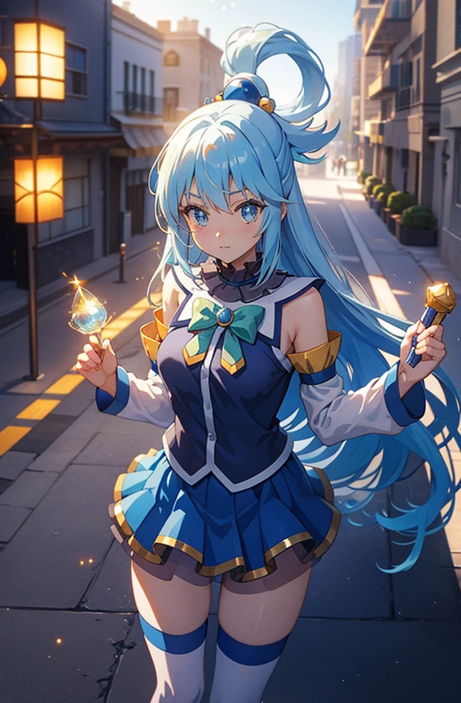 aaaqua, long hair, blue hair, hair rings, hair ornament, choker, bare shoulders, green bow, blue shirt, detached sleeves, blue skirt, thighhighs, highest quality,((highest quality)),((Tabletop)),((Perfect Face)),become close５Two fingered hand,1 girl,(Background Blur), ((Holographic)),1 girl,milky way, (Stripes of light), Impressive visuals, (Dynamic Streaks, Path of Light:1.2), Bright colors, Look up,Dynamic pose, Fountain in the background,　Carrying a walking stick, Looks like an anime poster,　A fateful journey