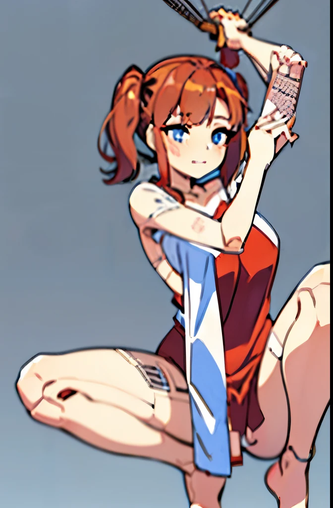 A Female robot is sleeping in the book, spread legs, nude, banzai pose. she wears no dress. She Brown short hair is tied with two big red clothespins, She lifts up the under hem of her white plain dress, leaning over, masterpiece, very short pigtails,brown hair, mature, android, blue eyes, full body figure, Height: 160cm, flushed cheeks, 2020s anime picture, A beautiful robot with short brown hair in two short pigtails held up by two very large huge red clothespins, Uplifting, No NSFW, whole body, barefoot, archaic smile, getting orgasm, 25 years old, sweat bucket.