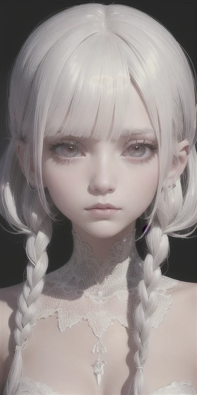 best quality, masterpiece,white hair, gold eyes,white clothes, looking up, upper body,hair strand,Fair skin,side braids with white slime on face 