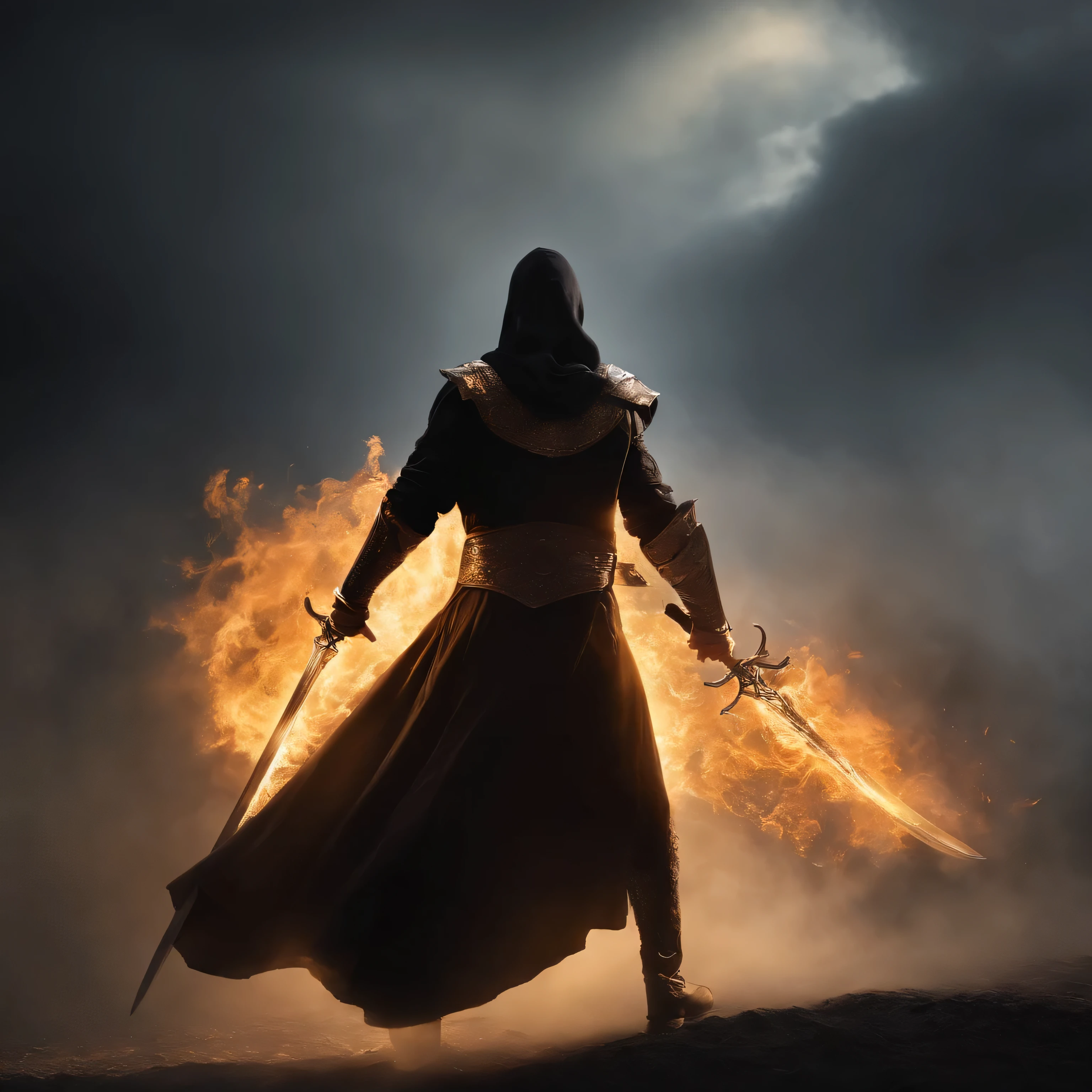 Uma espada imponente, forjada por um fogo divino, paira suspensa no ar, Exuding a mystical and fiery aura. Its blades sparkle with a golden hue, As if the sun itself were encapsulated in the metal. Ethereal flames dance around the sword, parecendo vivas e conscientes.
In the shadow of this flaming sword, um guerreiro sombrio emerge das trevas. Her figure is wrapped in a black cloak and hood, making your traits hard to discern. The darkness that surrounds him seems to contrast with the splendor and divinity of the sword. O guerreiro olha fixamente para a arma, An expression of determination and mystery in your eyes.
Esta cena representa o confronto entre a luz divina da espada e o guerreiro sombrio, creating an atmosphere of tension and conflict. You can use it as inspiration to create an image or story with these elements.