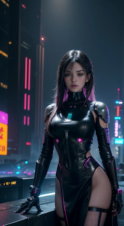 Best image quality, masterpiece, Ultra-high resolution, (Faithfulness:1.4), photograph, movie, ((Cyberpunk characters)), Fairy Goth Robot, Mila Kunis. Cyber Costume, Futuristic, ((受賞歴のある超リアルなphotograph)),(Hyper Detail),(Intricate details),(High resolution CGI artwork 8k),girl,Cyberpunk City。Futuristic style,Available in a variety of colors and LED lights。The cityscape needs to be very detailed.,Depth of written boundary。Atmospheric lighting creates depth,Wide Wide Shot。Use atmospheric lighting and volume lighting、Highlights details in the cityscape。。Illuminated by neon lights, Pastel textured color background, colorful, Vibrant