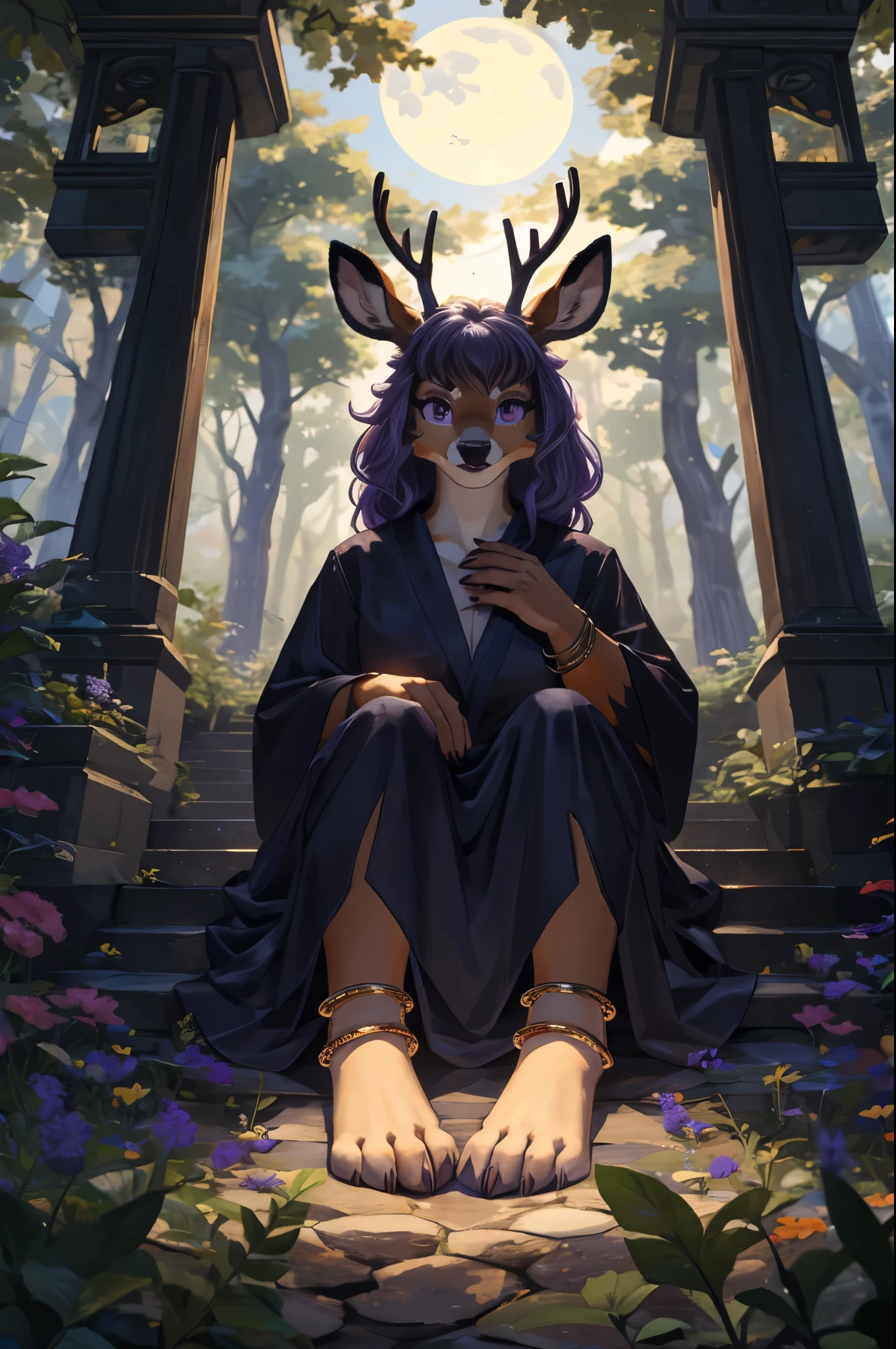 (((Barefoot furry character, full body, cinematic setting, furry female, plantigrade, wears anklets))) graceful and enigmatic ((deer)) anthro with deep ((purple fur)) and captivating ((violet eyes)). Dressed in flowing, dark robes with belladonna flower motifs. The figure sits barefoot and showing ((nice feet soles)) in a moonlit forest surrounded by eerie nightshade plants, with ripe berries and ethereal moonlight casting shadows. The atmosphere evokes mystery and danger. BREAK, detailed background, 8K, (masterpiece:1.5), intricate details, highly detailed, extreme detail, octane render, fine art, best quality, highres, (detailed face:1.5), ((full_body)), UHD, (((perfect hands))), low light, (((SFW))), (((five toes on feet))), (((perfect feet)))