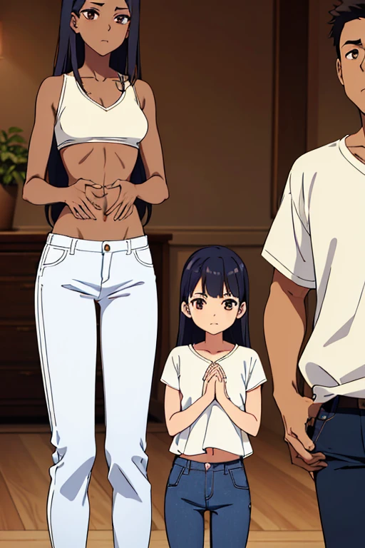 ((best quality)), ((masterpiece)), (detailed), perfect face, brown skin anime girl in a deep V neck backless top, (jeans trousers), famished in hunger, (gently resting hands on stomach), (long hair), (hands on her stomach), (slim girl), (skinny stomach), (flat stomach), (starved stomach), hugging a boy in white shirt, (boy wearing white shirt and trousers)