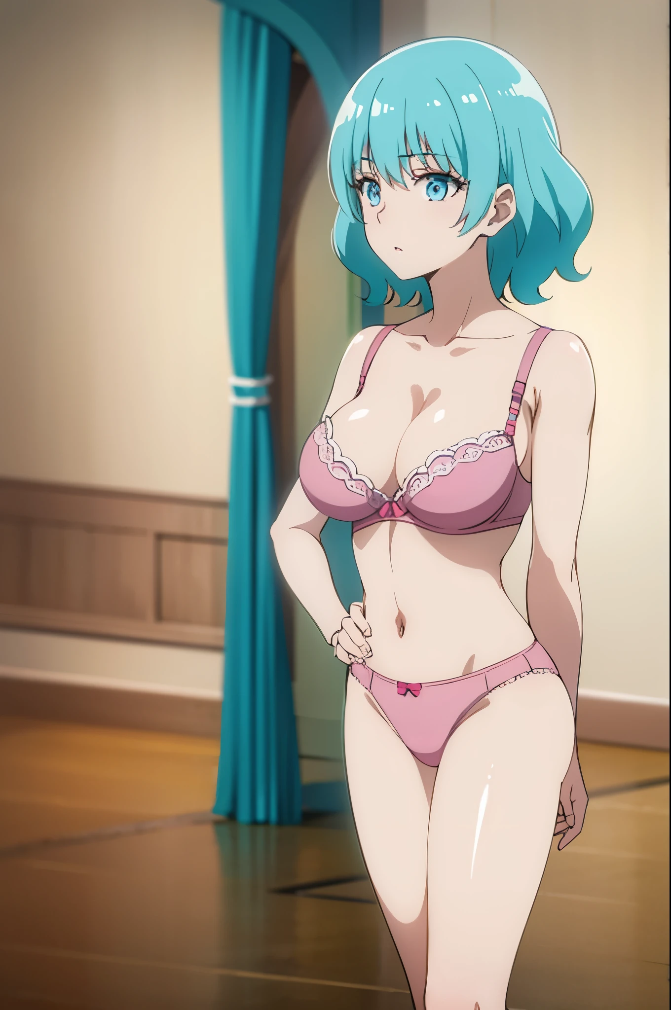 aqua hair, medium hair, blue eyes,,medium breast,narrow waist,pink bra,pink underwear,standing straight,in the room