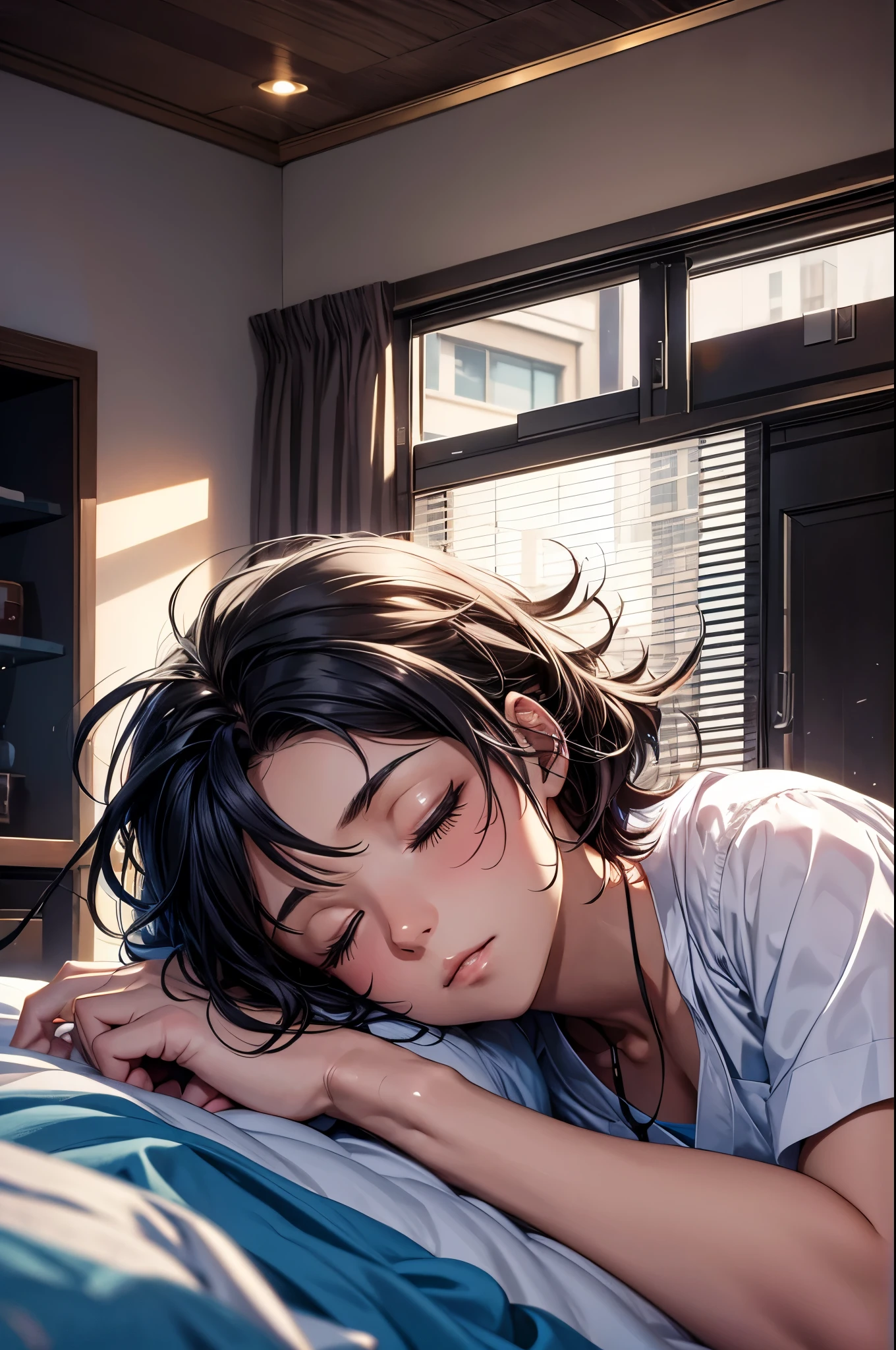 (Very detailed, Realistic), Hospital scene, [Moderate:oil], [Professional:1.1], [Physically Based Rendering], [Vibrant colors], [Sharp focus], [Studio Lighting], [Very detailed説明], [highest quality,4K,8k,High res,masterpiece:1.2],(Focus on the upper body),Inside the house,Inside the room,18-year-old boy,(Short black hair),(dark), [Tensed eyes],(Flat chest,blouse,slacks),((Sleeping on a reclining bed))