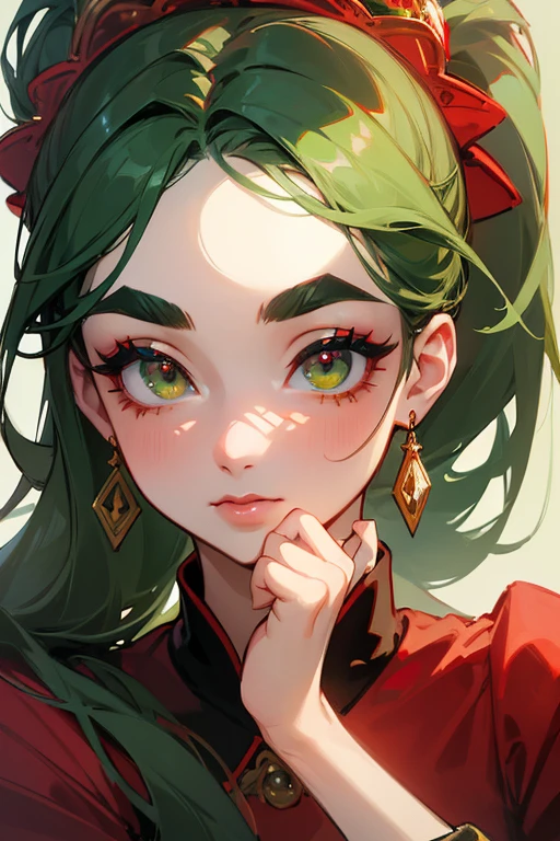 (highest quality, masterpiece:1.2), High resolution, Very detailed, Realistic:1.37, Fantasy, An illustration, Green Eyes、Queen, Red dress.Platinum decoration、beautifully、Eyeshadow Red、Thick eyebrows、Long eyelashes、pupils are black、Her hair is light green、Gold crown、Kissing Face、Embarrassing、Beloved by the people、ponytail、Shoulder Bare、