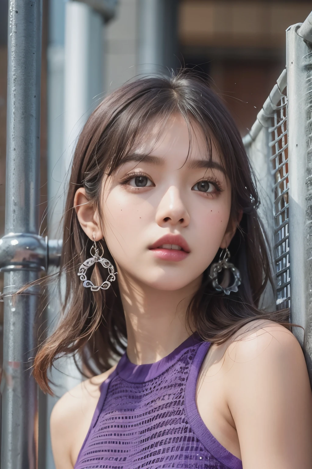Close up of person standing in front of fence, purple top, Blackpink&#39;s Roseanne Park, Korean female fashion model, bright purple, Twice&#39;s Tzuyu, Violet Tight Tank Top, purple clothes, purple halter top, young and cute girl, cute top, pastel clothing, Jinyoung Shin, Zia, Best Face, Korean woman, wearing a cute top, random pose, 
