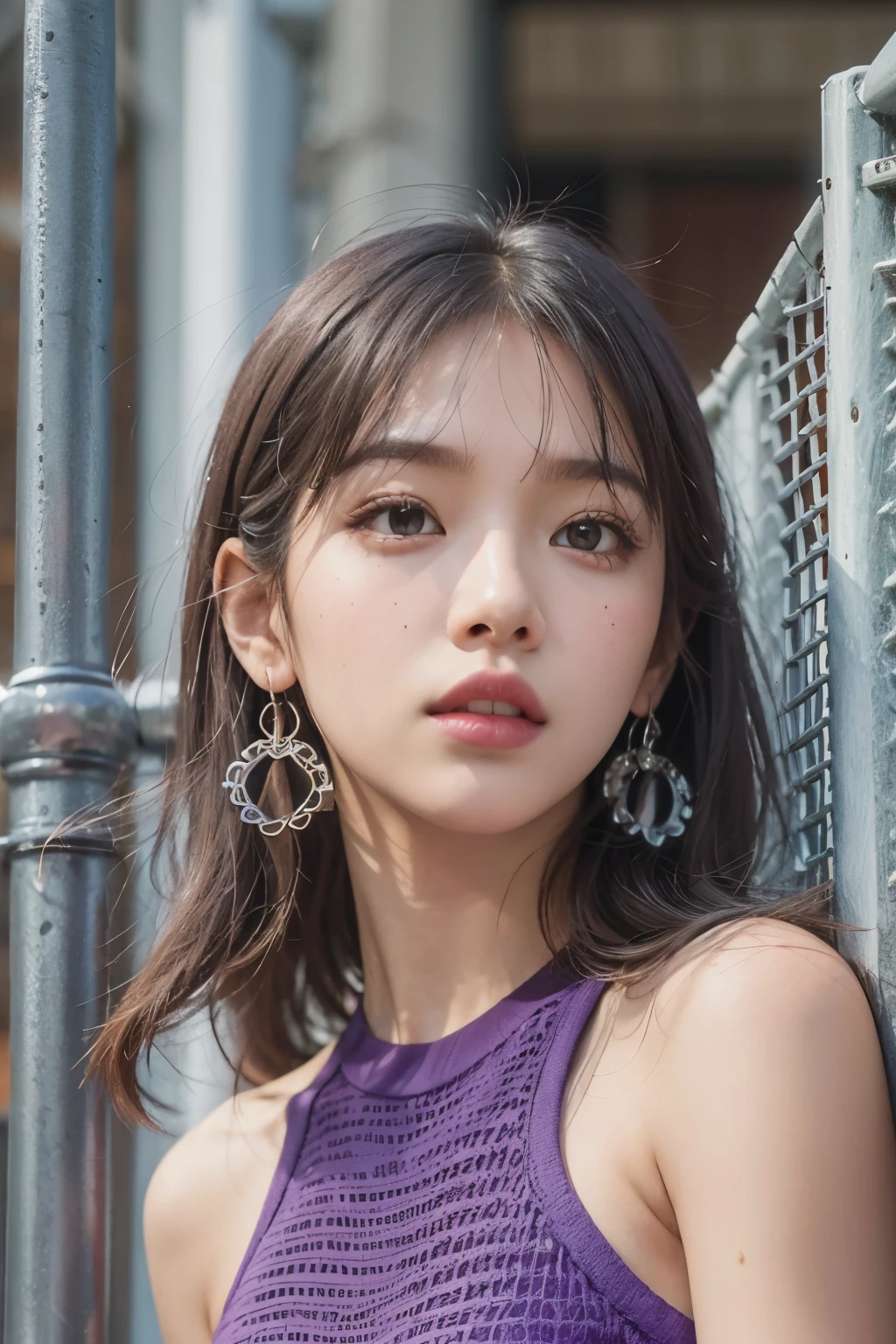 Close up of person standing in front of fence, purple top, Blackpink&#39;s Roseanne Park, Korean female fashion model, bright purple, Twice&#39;s Tzuyu, Violet Tight Tank Top, purple clothes, purple halter top, young and cute girl, cute top, pastel clothing, Jinyoung Shin, Zia, Best Face, Korean woman, wearing a cute top, random pose, 