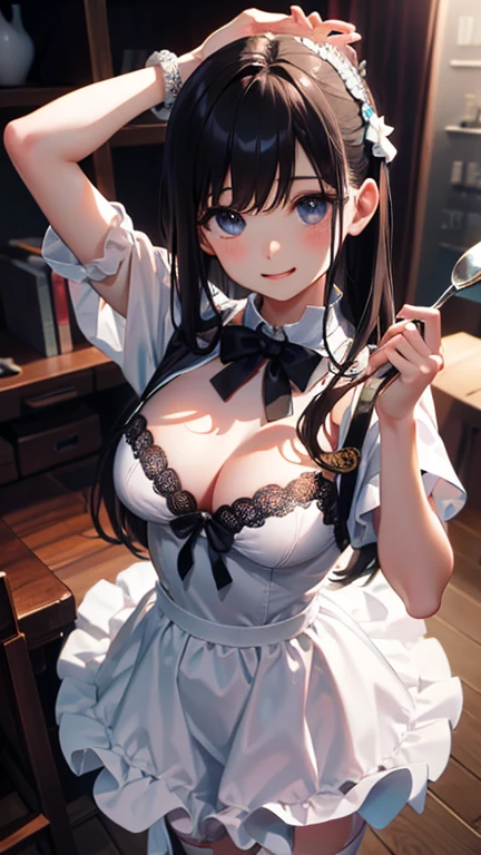 masterpiece、Highest image quality、ultra high resolution、 with big tits、twin tail hairstyle、black hair、red face、mock、Open your mouth just a little、Maid outfit that shows the cleavage of a teenschool girl、Knee high socks for teenage olgirls、Maid headband for teenage schorls、Inside the kitchen