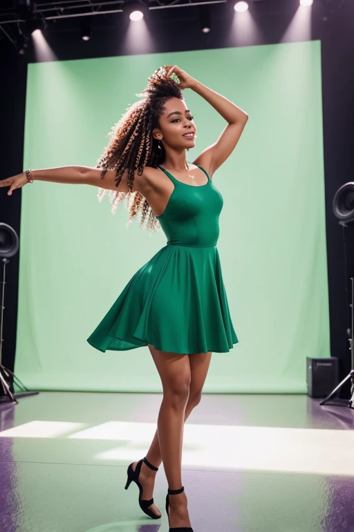 Uma jovem morena, with almond-colored hair that shines under the studio lights, is dressed according to the latest fashion trends. She sports a dress that not only reflects her bold personality, but it also accentuates your confidence. Com um entusiasmo contagiante, she dances to the pulsating rhythm of electro house music. Your movements are dynamic, full of energy and perfectly synchronized with the beat of the music. Find yourself in a professional studio, where the scenery is dominated by a vast green screen. This green screen goes beyond a simple backdrop; is an open invitation to the unbridled creativity of post-production effects. Every music beat and every dance move has the potential to bring to life a multitude of stunning green screen visuals. A tela verde serve como uma tela em branco, ready to be filled with any scenario or effect the imagination can conceive. Her dance is not just an expression of joy, but also a performance that captures the attention of everyone present. Cada movimento que ela faz, Every step she takes, is executed with a precision that can only be achieved through years of practice and dedication to your art. She is the embodiment of passion and talent, a real star on the studio stage
