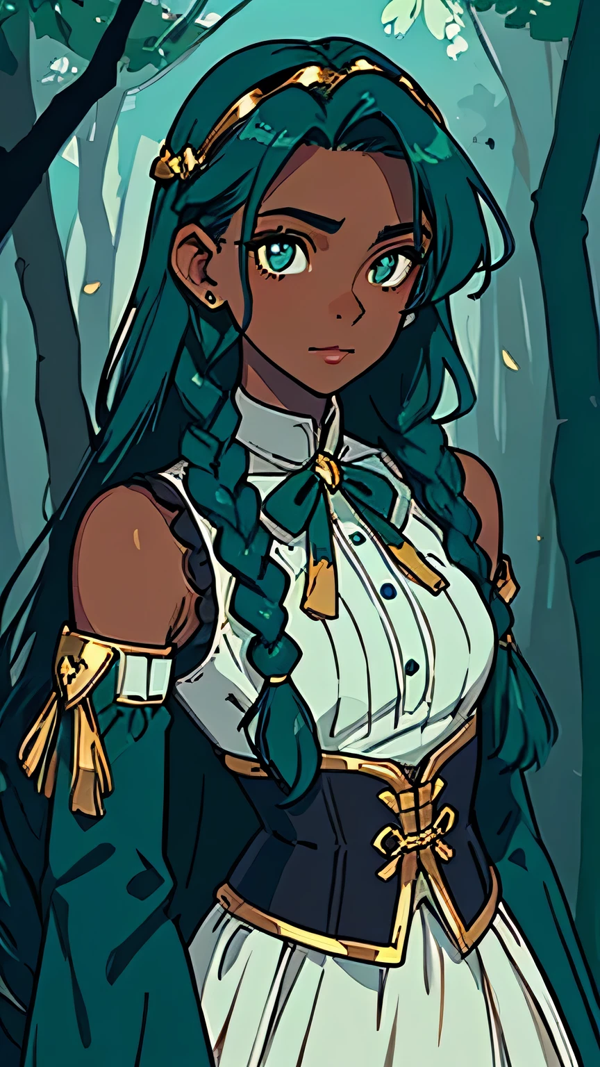 (high-quality, breathtaking),(expressive eyes, perfect face) 1girl, female, solo , (dark skin), ((gold colored eyes, detailed pupils)), long length hair, ((dark teal green hair color)), loose hair, twin braids hanging in front of chest , wavy hair, smirking, white dress, teal corset armor , teal trim, magical girl clothing, mahou shojo, (long sleeves, detached sleeves), leaf pattern on dress, winged headband, night, forest background, magic, small breasts