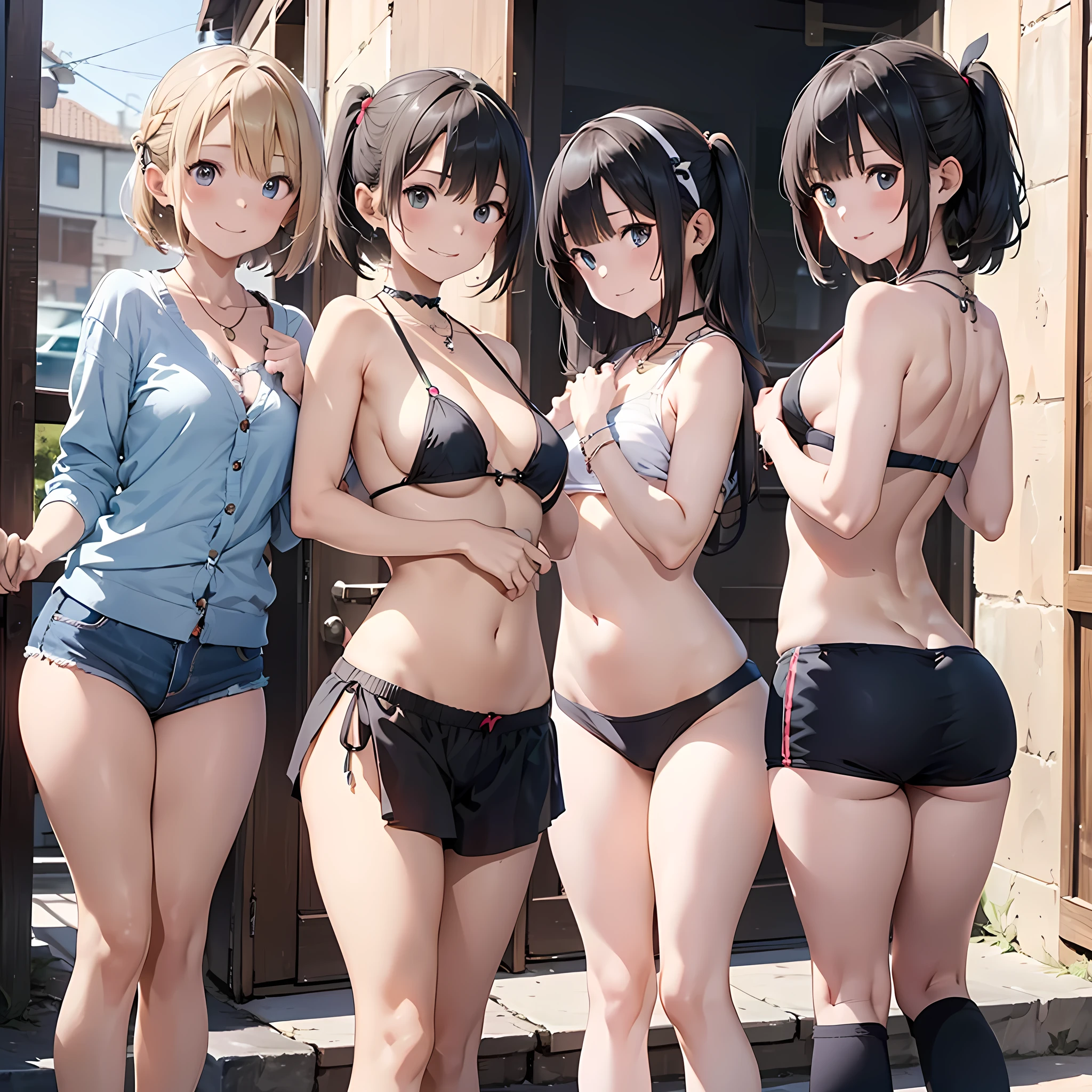 (three girls are sticking out their big butt boldly), (big butt), Laughing with your mouth open, (slender), hair band, Headband, hair bobbles, brown hair, blond hair, navel, jewelry, looking at viewer, necklace, long hair, short hair, Abdominal muscles, (Very thin T-back),