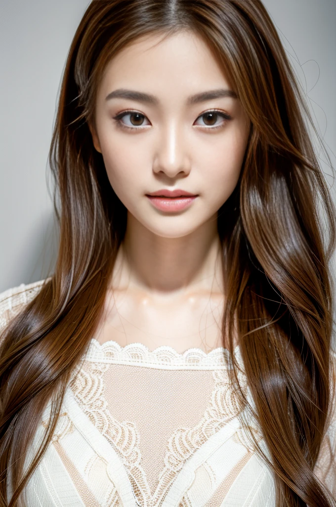 (highest quality, High resolution, masterpiece:1.3), 1 young japanese woman, Slender figure beauty, (smooth and delicate and pale skin), Small face, Bust Size F, long brunette with highlights, No makeup, Precisely expresses details such as face and skin texture, Moist eyes with dilated pupils and large irises, double eyelid, lace dress, A person in the center left and right, The whole head is shown, Professional cinematic lighting