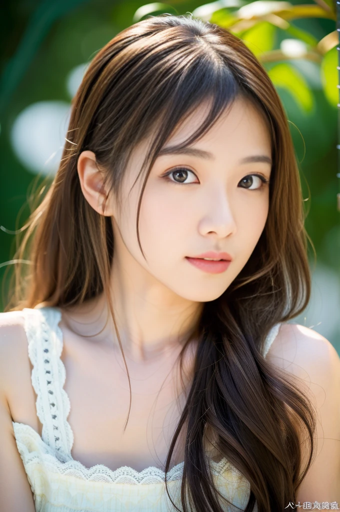 (highest quality, High resolution, masterpiece:1.3), 1 young japanese woman, Slender figure beauty, (smooth and delicate and pale skin), Small face, Bust Size F, long brunette with highlights, No makeup, Precisely expresses details such as face and skin texture, Moist eyes with dilated pupils and large irises, double eyelid, lace dress, A person in the center left and right, The whole head is shown, Professional cinematic lighting