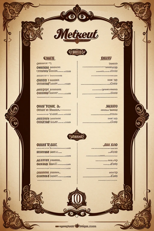 make a menu design for a resturant with nice vintage border design and use sketch of pizza,mocktail,and bbq in backgroung with 20% opacity