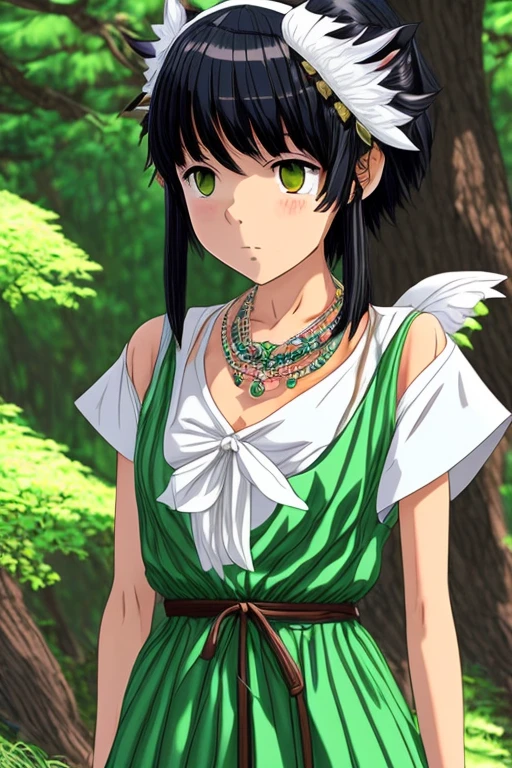mj3d style,3dmm,3d,(masterpiece, best quality:1.1), ghibli style, san (mononoke hime), 1girl, armlet, bangs, black hair, black undershirt, breasts, cape, circlet, earrings, facepaint, floating hair, forest, fur cape, green eyes, jewelry, looking at viewer, medium breasts, nature, necklace, outdoors, parted bangs, shirt, short hair, sleeveless, sleeveless shirt, solo, tooth necklace, tree, upper body, white shirt