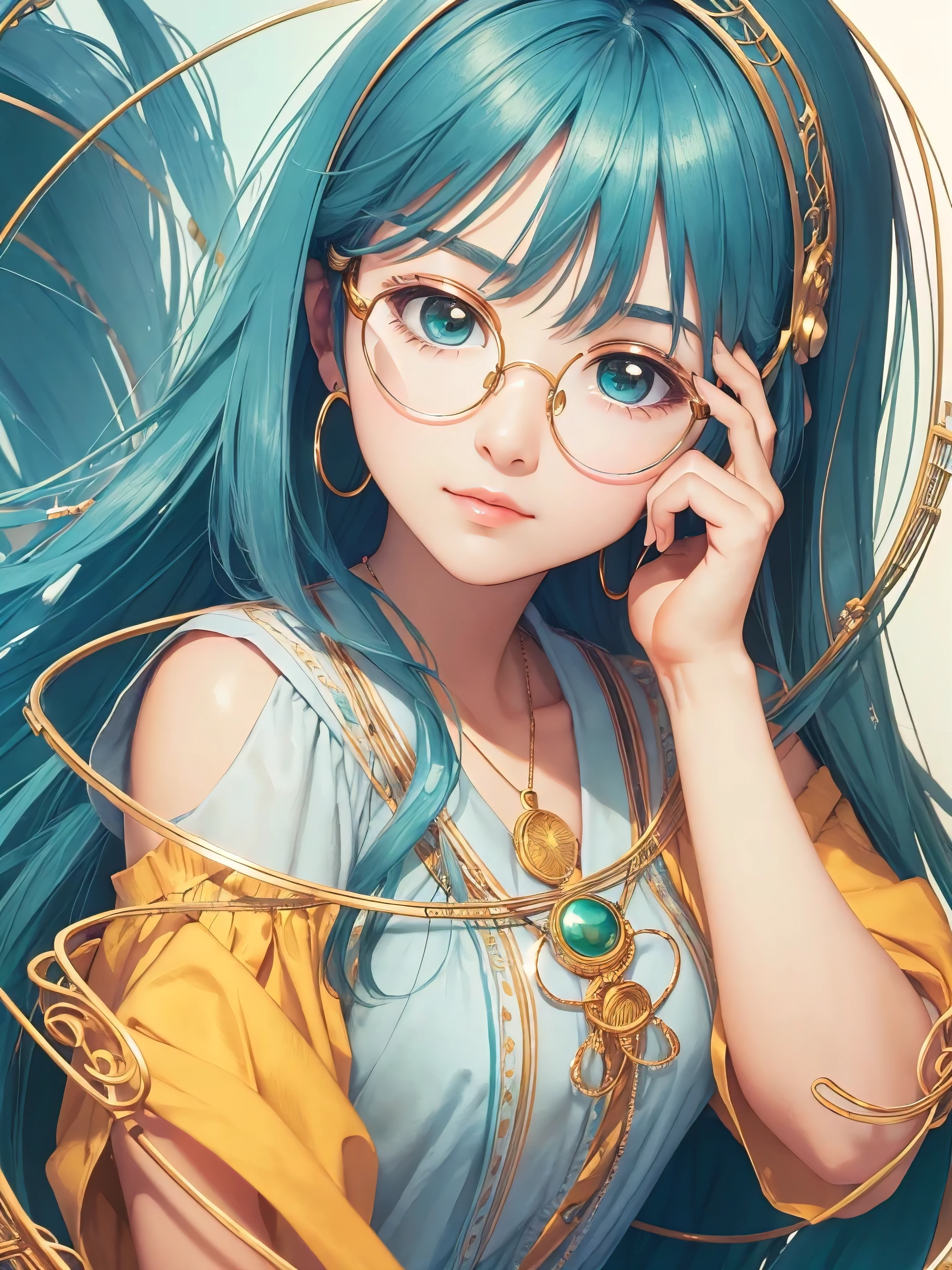 (Masterpiece, highest quality, super large resolution); (CG illustration); (a cute and cute girl); (sleepiness) (exhaustion); ((round-framed gold wire glasses)), (fashionable) (trendy); Rich colors, cyan, orange, yellow, green, cyan, blue, purple, fashion typography, magazine cover poster, hyper-detail, art, title, logo, label, badge, graphic design, detail post-processing, depth of field, high brightness, high saturation, more white space;