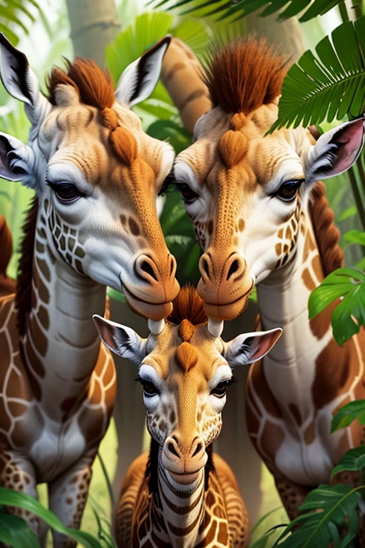 Symmetrical national geographic close-up portrait of three giraffes in the jungle, verde de un canguro expresivo, anamorphic lens, ultrarrealista, hiperdetallado, núcleo verde, core of the jungle –ar 16:9 –q 2 –v 5 rtx en --ar 73:128 --s 750 --v 5. 2, animal planet movie image, hermosas jirafas, familia de jirafas, inspiran amor y ternura,