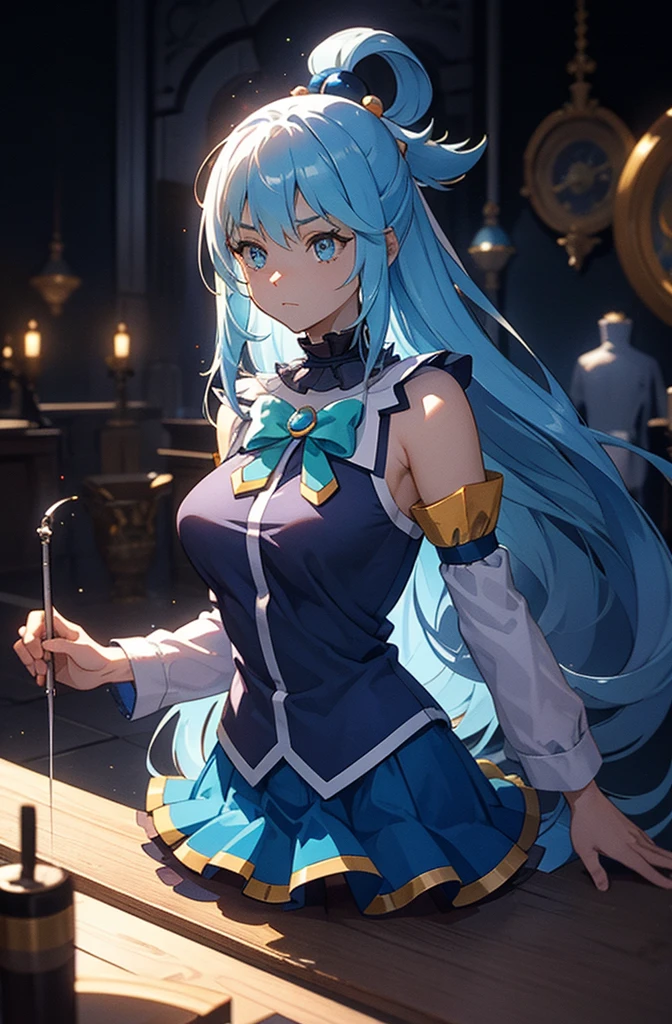 aqua, long hair, blue hair, hair rings, hair ornament, choker, bare shoulders, green bow, blue shirt, detached sleeves, blue skirt, thighhighs, highest quality,((highest quality)),((Tabletop)),((Perfect Face)),become close５Two fingered hand,1 girl,(Background Blur),, Unreasonable,Her figure is extremely beautiful, Emphasizing the dark and crazy elements. Skillfully expressing the effects of light and shadow, detailed, The face and expression are carefully drawn..., Artistic elements add depth to the work, With a unique artistic touch. This film is visually stimulating、Aesthetically pleasing.,sketch (Character design sheet, same characters, whole body, Three-View, front, ~ ~ ~ side, return)