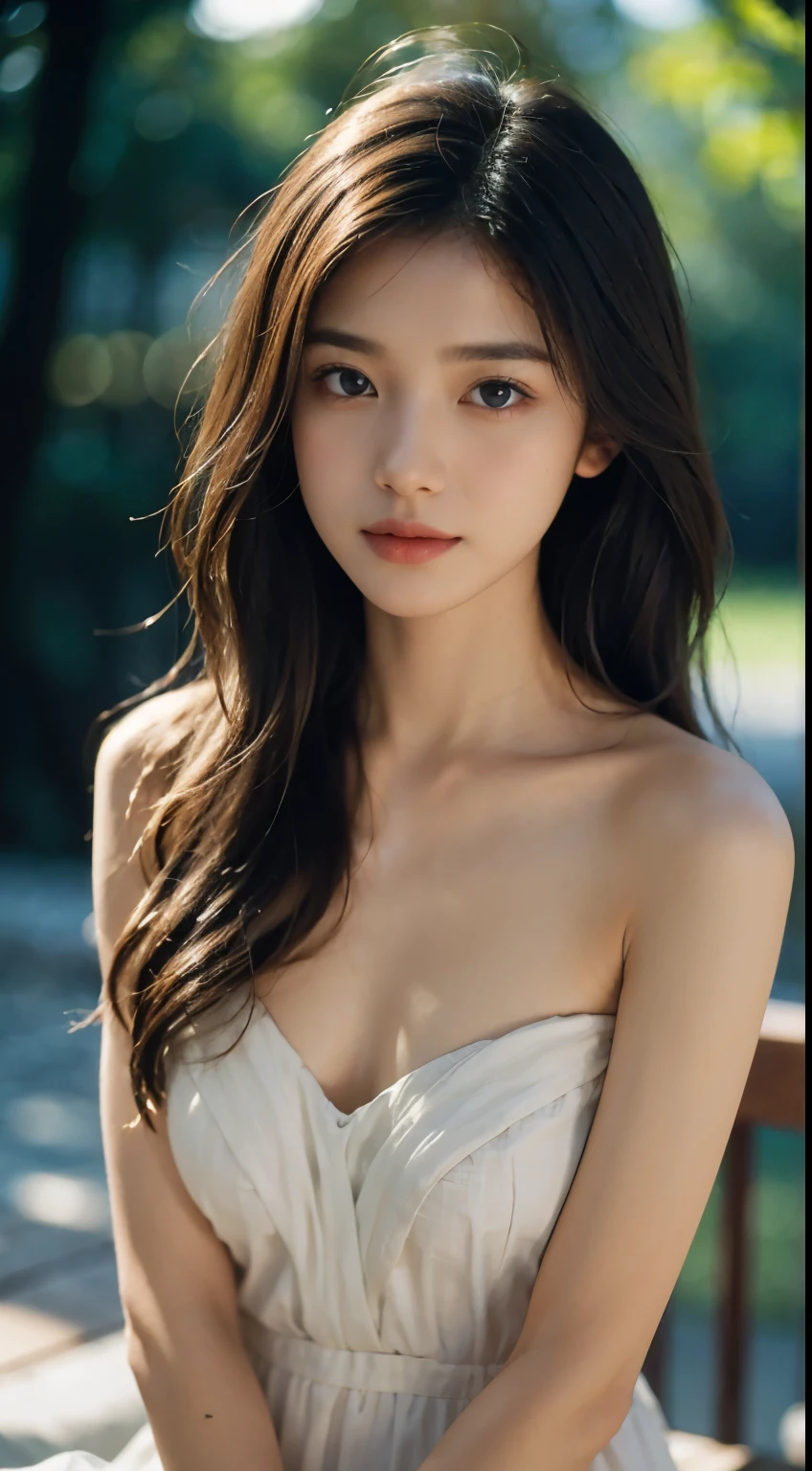 Film Portrait Photography, 1 Girl, Bare shoulders, Shoulder-Length Wavy Hair, serene, calm, (Realistic and detailed eyes, Natural skin texture, Realistic facial details), Soft dramatic lighting, Depth of Field, Bokeh, Vivid details, Meticulous attention to detail, Surrealism, 35 mm film, Hazy