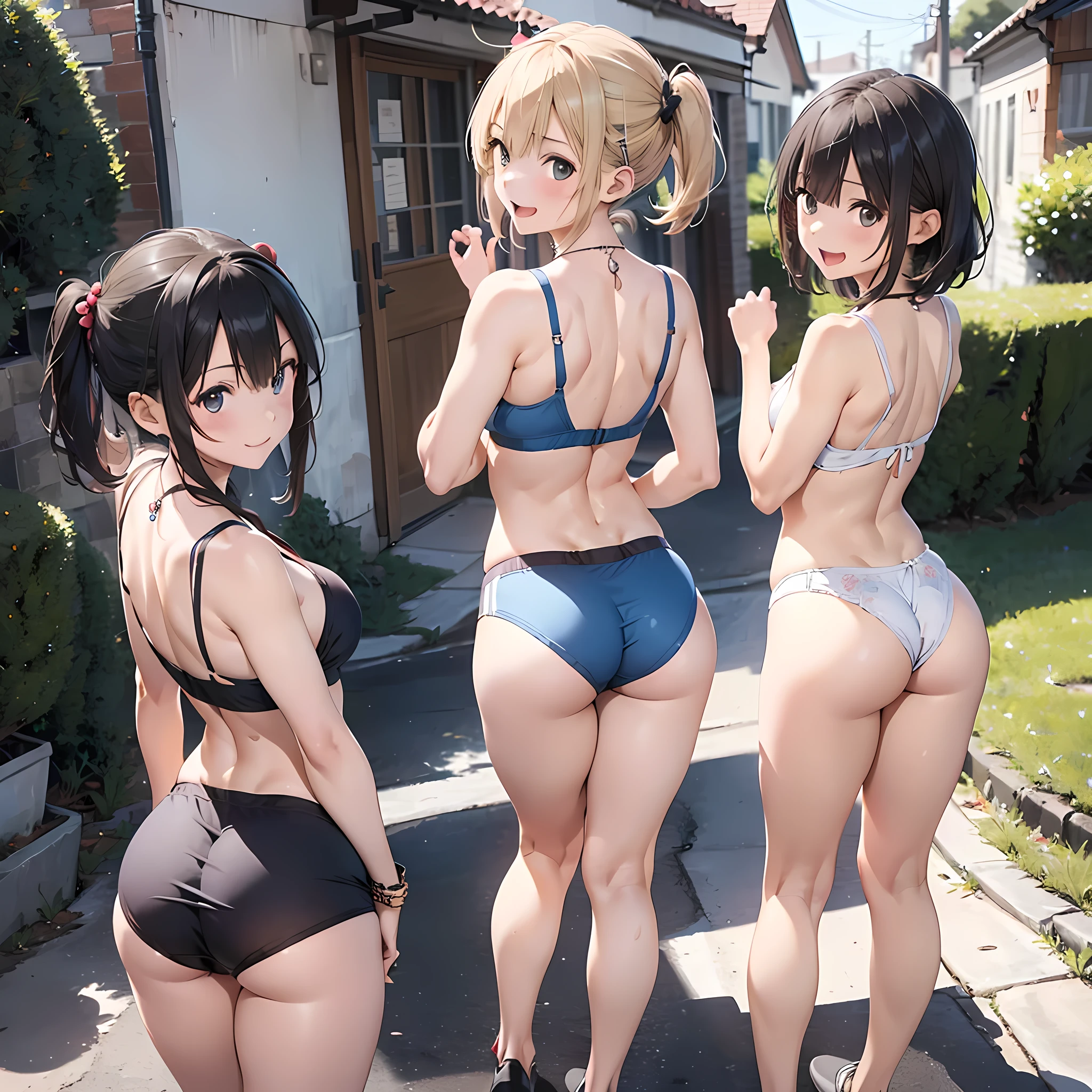 (three girls are sticking out their big boldly), (big buttaughing with your mouth open, (slender), hair band, Headband, hair bobbles, brown hair, blond hair, navel, jewelry, looking at viewer, necklace, long hair, short hair, Abdominal muscles, (Very thin T-back),