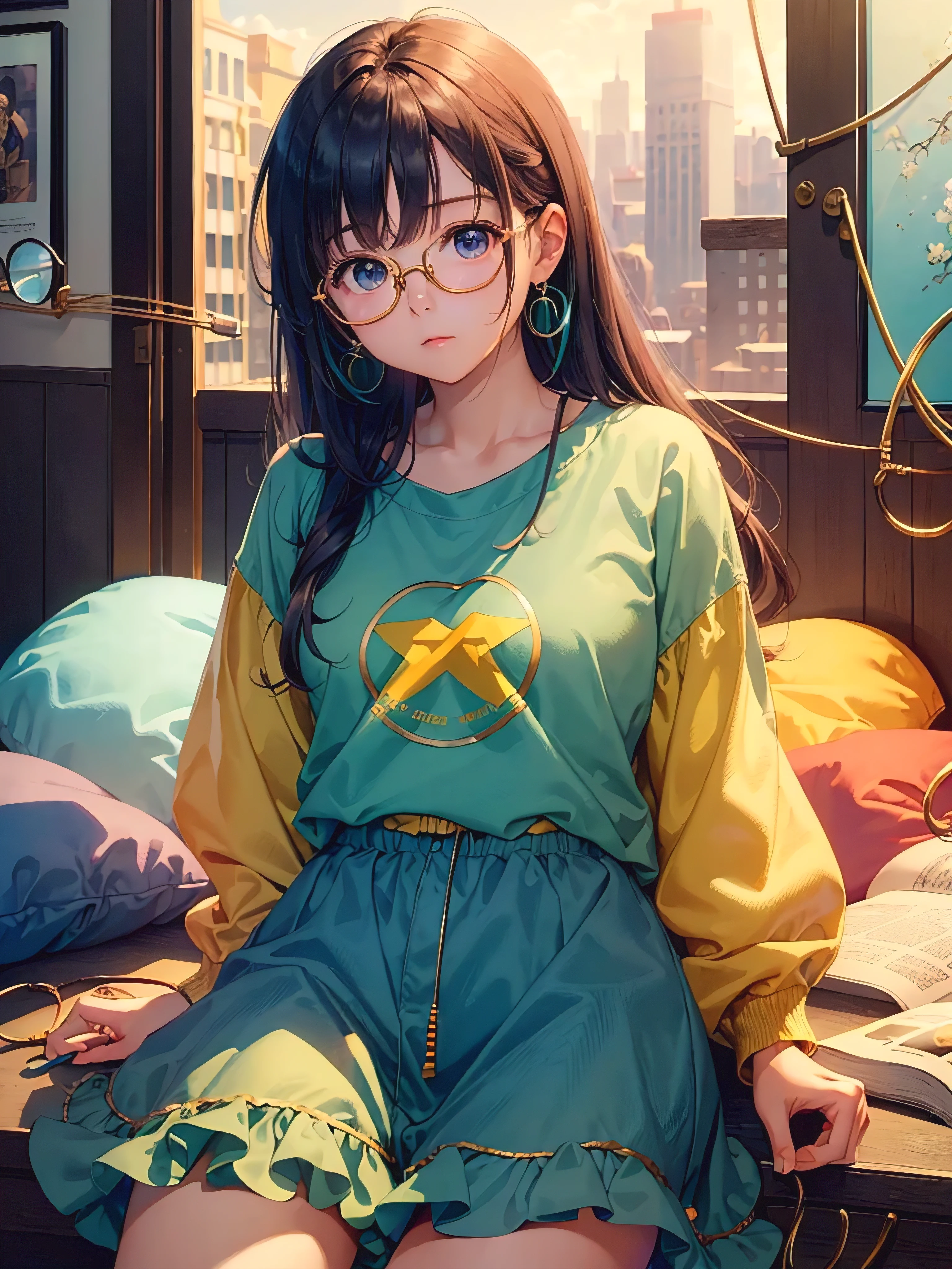 (Masterpiece, highest quality, super large resolution); (CG illustration); (a cute and cute girl); (sleepiness) (exhaustion); ((round-framed gold wire glasses)), (fashionable) (trendy); Rich colors, cyan, orange, yellow, green, cyan, blue, purple, fashion typography, magazine cover poster, hyper-detail, art, title, logo, label, badge, graphic design, detail post-processing, depth of field, high brightness, high saturation, more white space;
