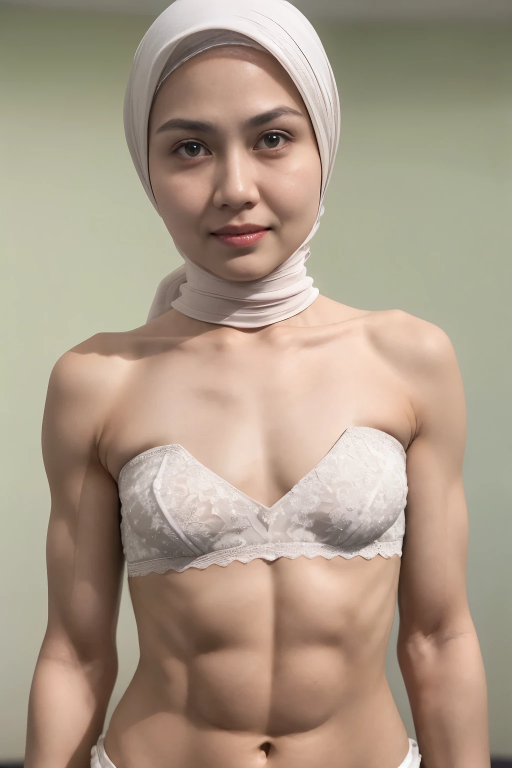 ((SHORT HIJAB)), ((Flat chest:1.8)), (dynamic photograph of a 58 year old Indonesian woman), (slim top, cotton panties), (straight non curly hair), (highly detailed face:1.4), (vascular muscles and abs:1.3), (background inside light, bright, private gym:1.1), (8k, uhd, dslr, high quality, cinematic lighting, bokeh), (dramatic, award winning photography, incredible masterpiece:1.3), (((sexy sultry stare at camera:0.8))), close up, ((she is ready to dominate you:0.5)), ((beautiful feminine face)) (she is a champion MMA fighter), add_detail:1, ((Wearing strapless pastel)) lace white & white