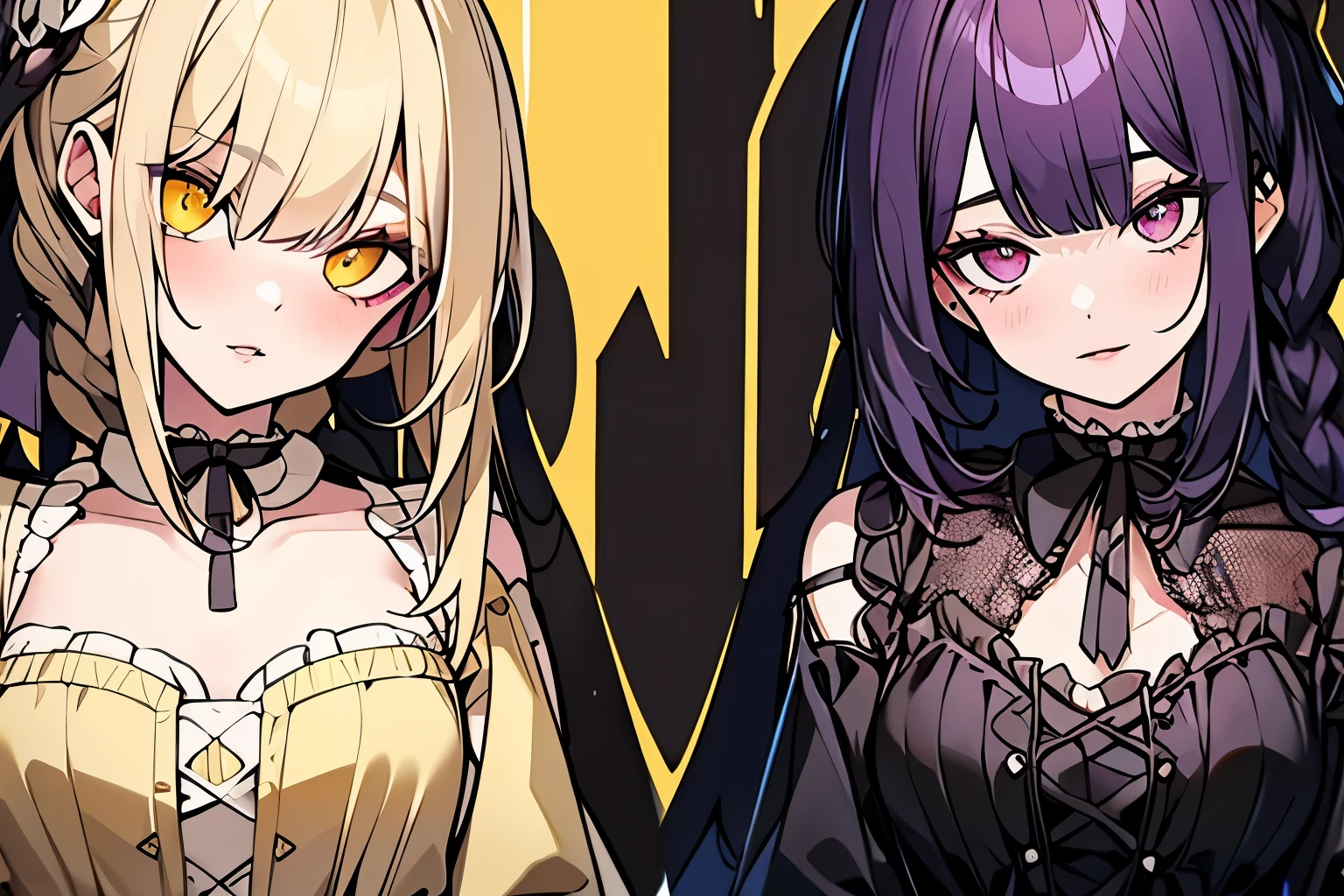 Victorian dresses, delicated eyes, delicated lips, (full heterocromia (a right eye yellow, a left eye purple))