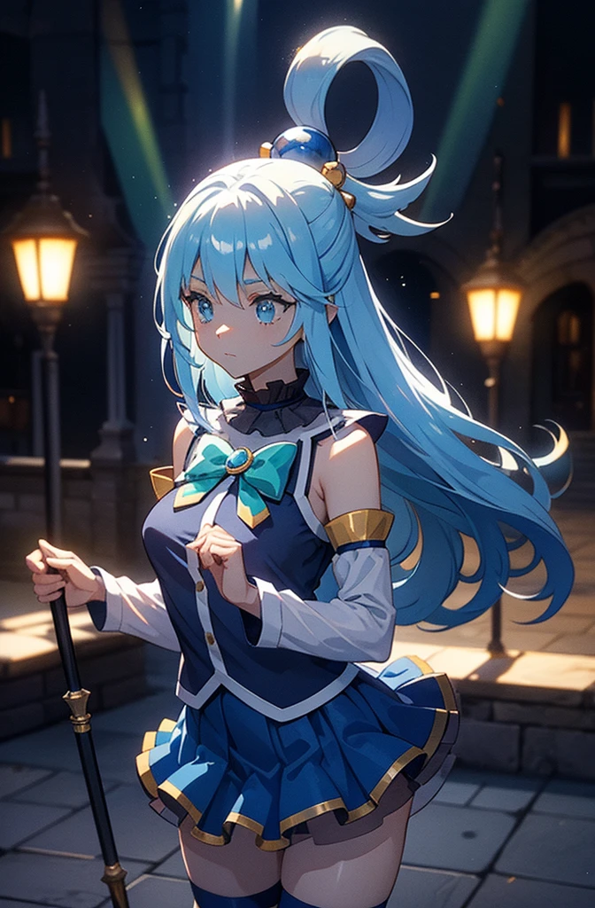 aqua, long hair, blue hair, hair rings, hair ornament, choker, bare shoulders, green bow, blue shirt, detached sleeves, blue skirt, thighhighs, highest quality,((highest quality)),((Tabletop)),((Perfect Face)),become close５Two fingered hand,1 girl,(Background Blur),, Unreasonable,Her figure is extremely beautiful, Emphasizing the dark and crazy elements. Skillfully expressing the effects of light and shadow, detailed, The face and expression are carefully drawn..., Artistic elements add depth to the work, With a unique artistic touch. This film is visually stimulating、Aesthetically pleasing.,sketch (Character design sheet, same characters, whole body, Three-View, front, ~ ~ ~ side, return),,milky way, (Stripes of light), Impressive visuals, (Dynamic Streaks, Path of Light:1.2), Bright colors, Look up,Dynamic pose, Fountain in the background,　Carrying a walking stick, Looks like an anime poster,　A fateful journey