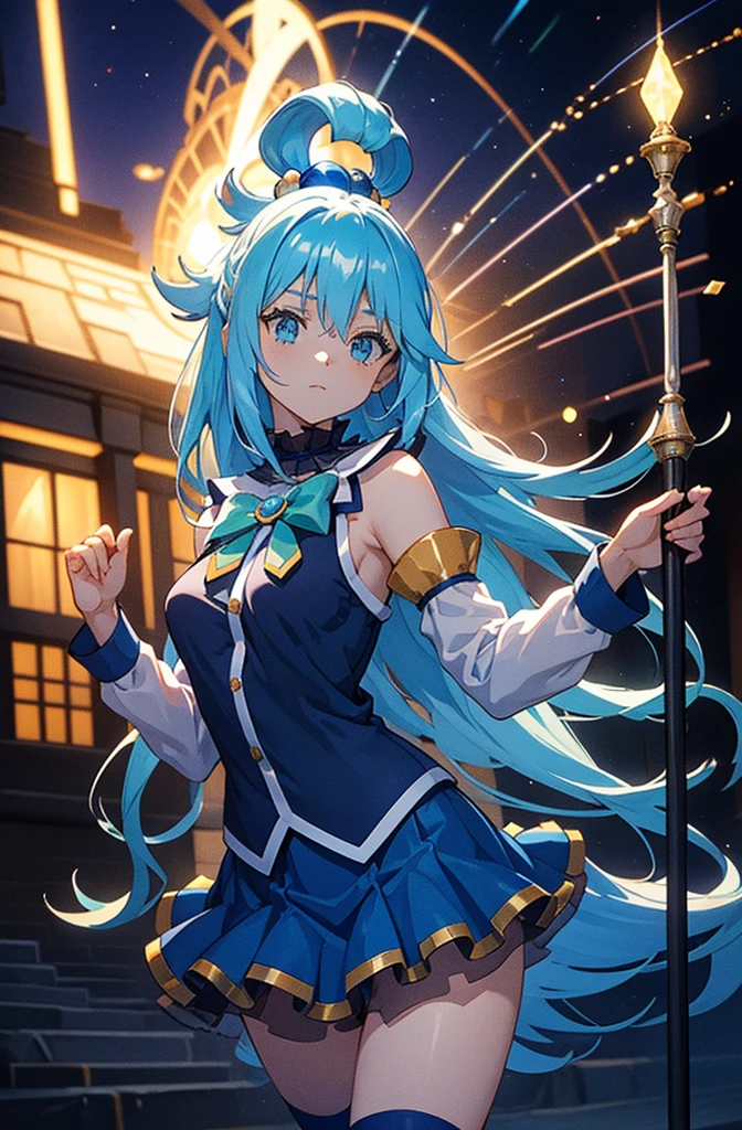 aqua, long hair, blue hair, hair rings, hair ornament, choker, bare shoulders, green bow, blue shirt, detached sleeves, blue skirt, thighhighs, highest quality,((highest quality)),((Tabletop)),((Perfect Face)),become close５Two fingered hand,1 girl,(Background Blur),, Unreasonable,Her figure is extremely beautiful, Emphasizing the dark and crazy elements. Skillfully expressing the effects of light and shadow, detailed, The face and expression are carefully drawn..., Artistic elements add depth to the work, With a unique artistic touch. This film is visually stimulating、Aesthetically pleasing.,sketch (Character design sheet, same characters, whole body, Three-View, front, ~ ~ ~ side, return),,milky way, (Stripes of light), Impressive visuals, (Dynamic Streaks, Path of Light:1.2), Bright colors, Look up,Dynamic pose, Fountain in the background,　Carrying a walking stick, Looks like an anime poster,　A fateful journey