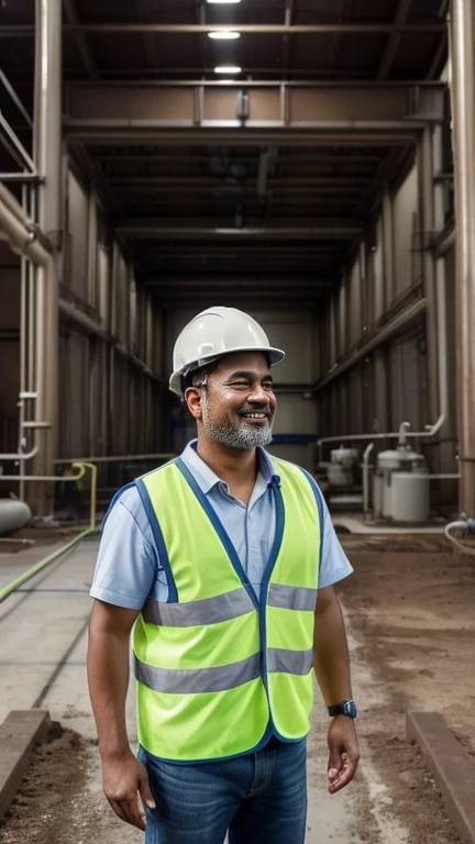 (Best quality, High resolution, Masterpiece :1.3), full body, 1 engineer 40 years old without beard is indonesian talking to 2 technicians with smile optimistic, one indonesian one chocolate asian on a wastewater treatment plant close to a roots blower opened for inspection. Background is a wastewater treatment plant. All in site construction clothes. Wears a yellow vest and white helmet. Very realistic , photo type