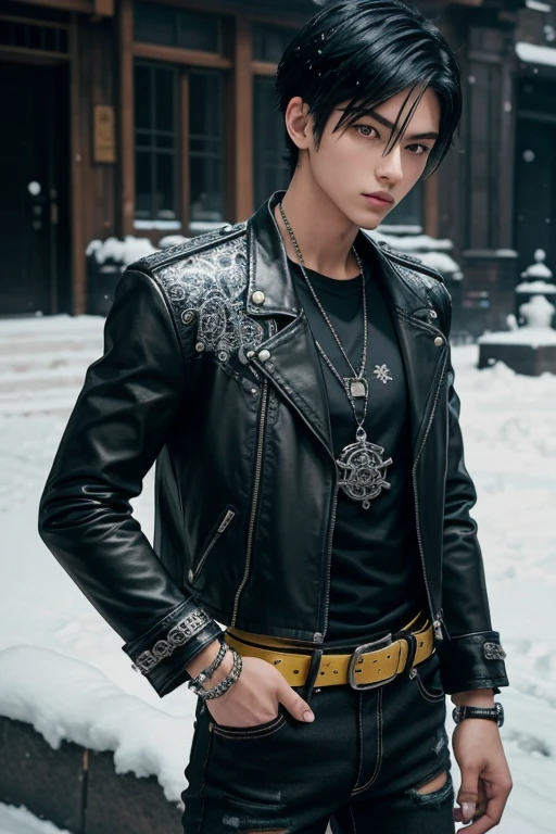 Chai Romruen 20-year-old boy with open black jacket, blue t-shirt with snow print, short black hair, punk style, yellow locks, black jeans, green eyes, black leather belt, silver buckle, slim muscular build, cross medallion, silver bracelet, looking straight at the viewer
