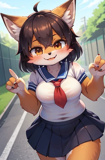 pon pon shit , from below , Hairy fox girl , round face , (tilt face:1.1) , (half-open wink:1.2) , moist round eyes , Swollen cheeks , dark color hair , Maternal smile , glossy lips , school sailor , middle skirt , sunny school , bushy crotch , hairy body , running scene