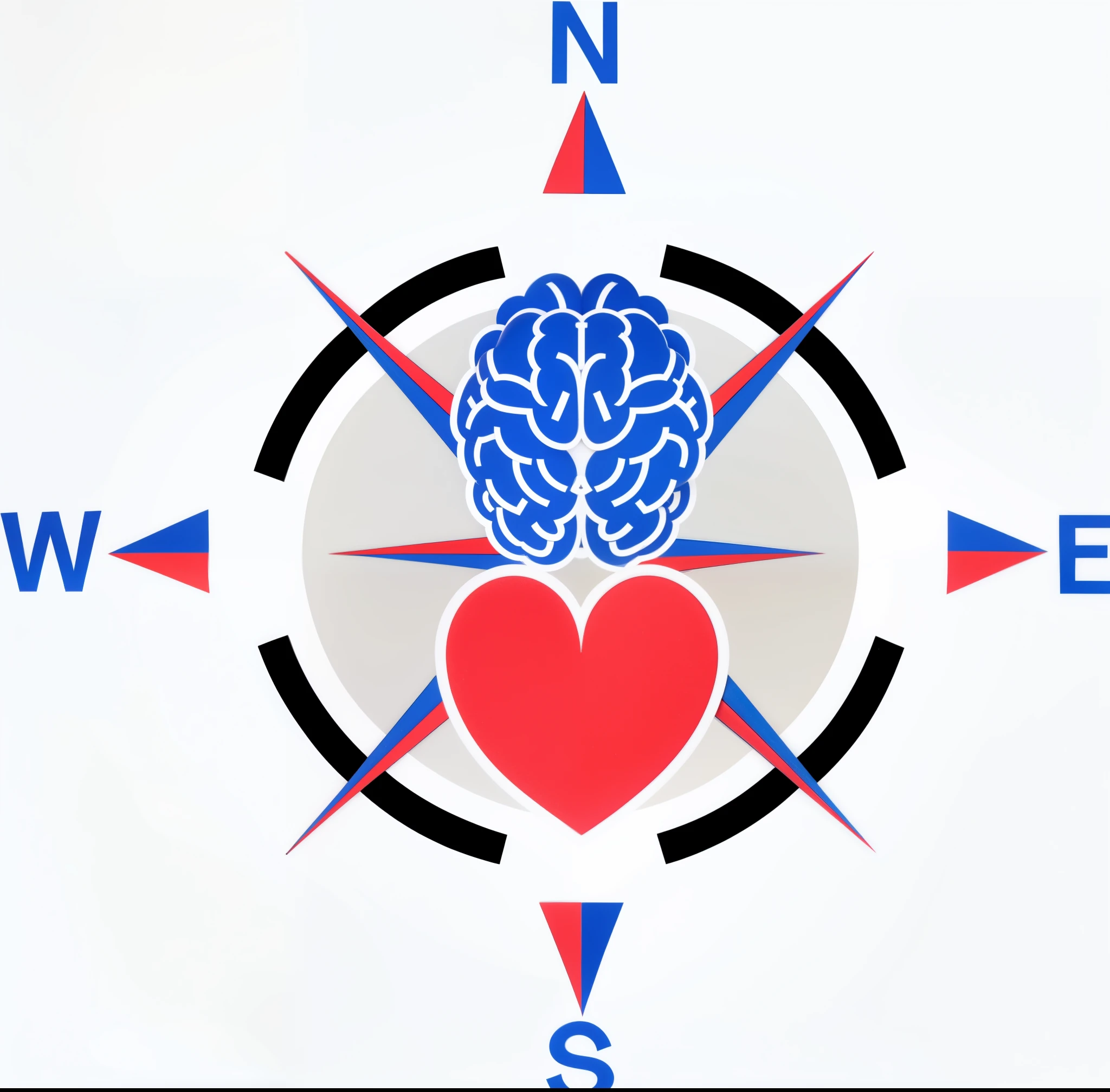 A logo for a company specializing in human resources where the elements are made up of a compass, in the center of this compass there is a drawing of a brain at the top next to the letter N which represents north and below, within the circle, a heart oriented towards the south of the compass the colors used are blue, red and black. a close up of a compass with heart and brain, mechanical heart in center, connected to heart machines, conscience projection, head is Centrado, Centrado in picture, Compass energy flowing, well Centrado, inside the irradiated connection, Neuroscience, complex emotion, video still, easy to understand, mente, Centrado, imagem de perfil, conscience. Logo of a company specializing in human resources where the elements are made up of a compass, in the center of this compass there is a drawing of a blue brain at the top next to the letter N which represents north and below, Inside the circle, a heart oriented towards the south of the compass the colors used are blue, vermelho e preto.