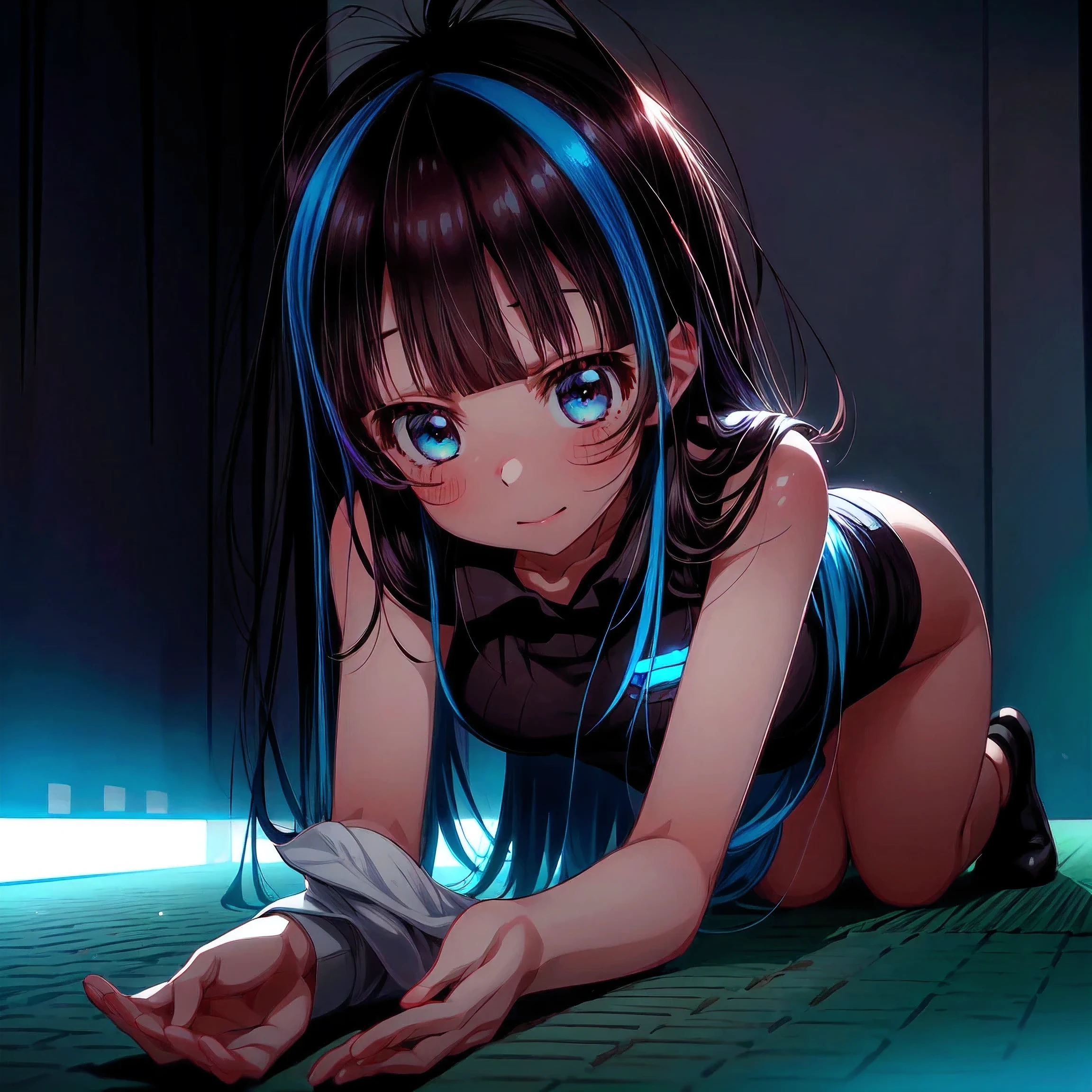 a matter of fact, daytime, sunlight, 1 girl, 8K resolution, blue hair, blue eyes, glowing eyes, white short skirt, Blush, tennis costume, sleeveless shirt, sunlight, Wet from the rain, seethrough, Sit with your knees raised., pussy, Spread your legs slightly., smile, the skirt is lifted up, highest quality, High resolution, highly detailed face, perfect lighting, highest detailed CG, (perfect hands, perfect anatomy), mini yaemori, perfect figure, in love expression, bottomless, armpit, small breast,