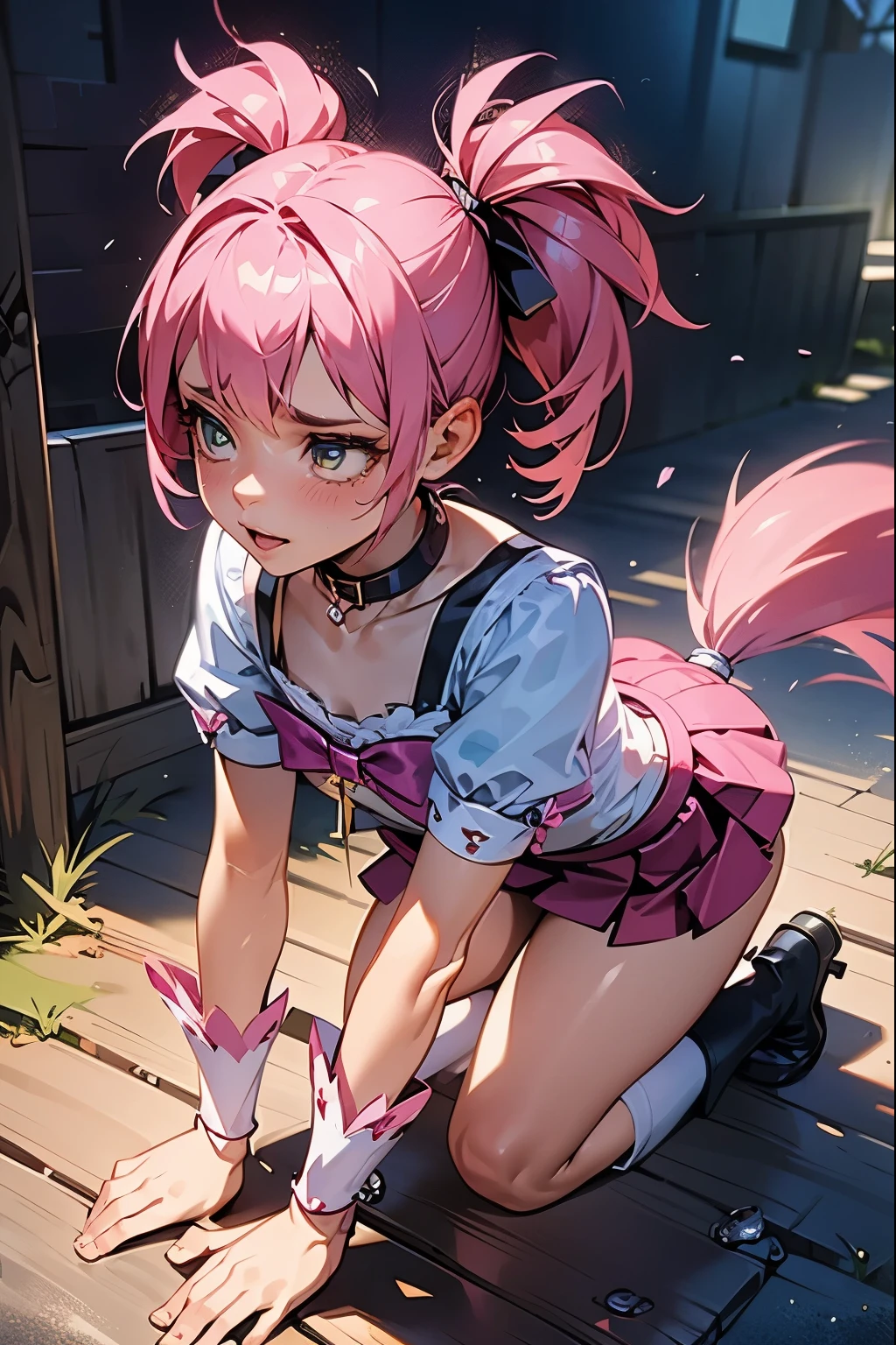 A magical girl with short twin-tailed pink hair, a , crawling on all fours, being walked by a dog, wearing a leash with a collar, looking frustrated, a reversal of the master and servant relationship, a large dog, bullying, being the target of public humiliation, an ahegao face, receiving a spanking. (best quality, highres, realistic:1.37), ultra-detailed, HDR, studio lighting, professional, vivid colors, bokeh, illustrations, portraits, childhood innocence, outdoor scenery, vibrant color palette, warm lighting.