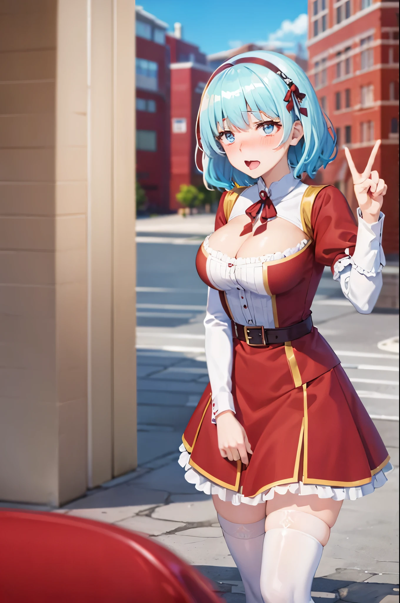 peace sign,(masterpiece, best quality), intricate details, 1girl, megumin, short hair, dress, red dress, hat, witch hat, belt indoors,ahg rolling eyes tongue((((blush)))),(cleatched teetch)
