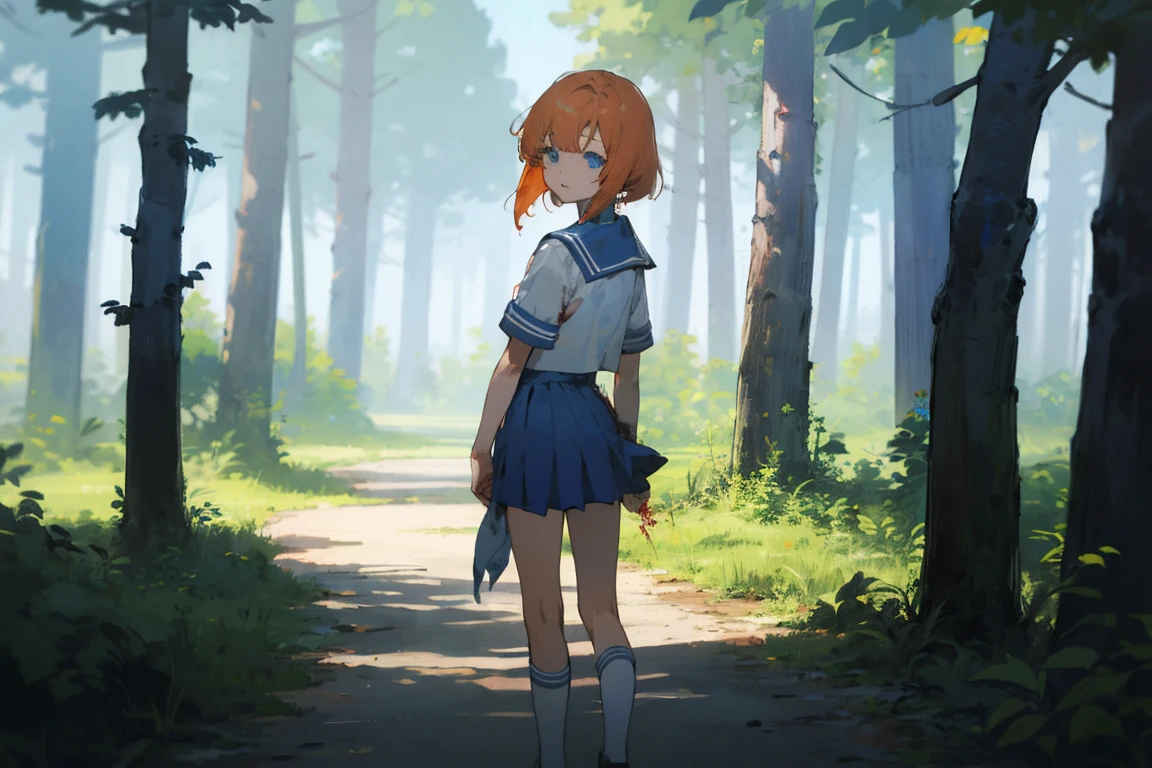 1 girl，Beautiful views，(masterpiece、highest quality)，short hair,Orange Hair，Blue Skirt，Ties，White socks，Short sleeve,Blue Sailor，blue eyes、in the forest、、,Bloody,summer