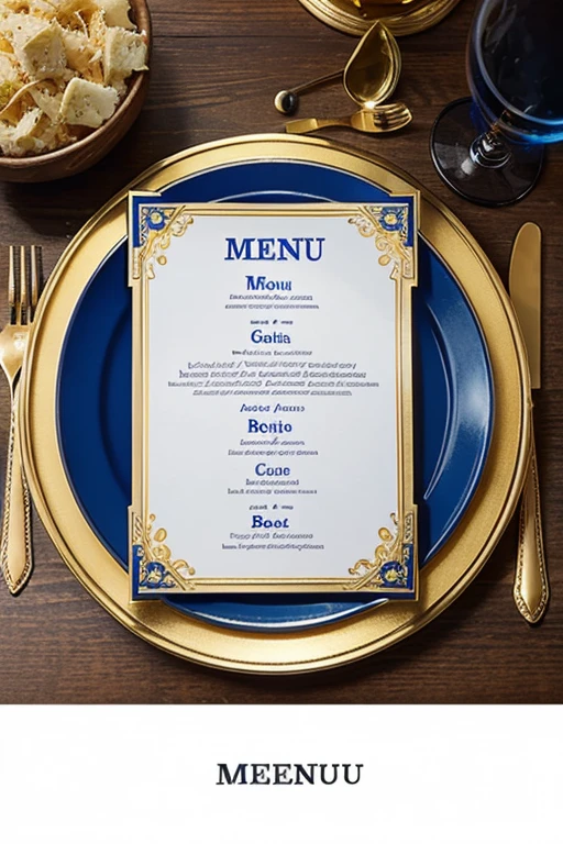 make a menu with royal blue bg colour and vintage gold colour border design