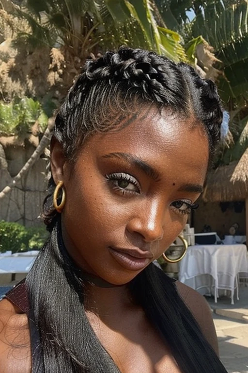 ((Mulher da Deusa Africana)), pele escura, (cabelo de textura encaracolado longo), Maravilhoso, sensual, curvado, peituda, (olhos de gueixa), ((heterochromatic eyes)), (meias pretas rendadas), see through meias rendadas, (meias rendadas), realista, detalhado, hiper-realista,
