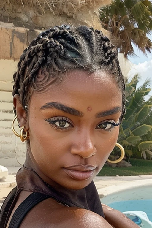 ((Mulher da Deusa Africana)), pele escura, (cabelo de textura encaracolado longo), Maravilhoso, sensual, curvado, peituda, (olhos de gueixa), ((heterochromatic eyes)), (meias pretas rendadas), see through meias rendadas, (meias rendadas), realista, detalhado, hiper-realista, 