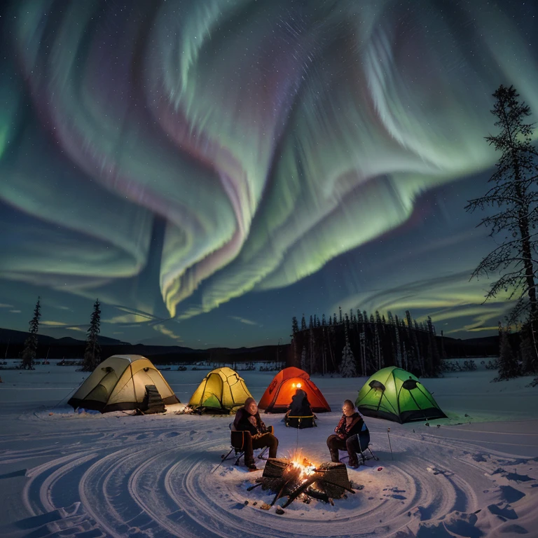 Realistic high quality photo of incredible beautiful northern lights in Finland in winter with a group of tourists with campfire tents and cars